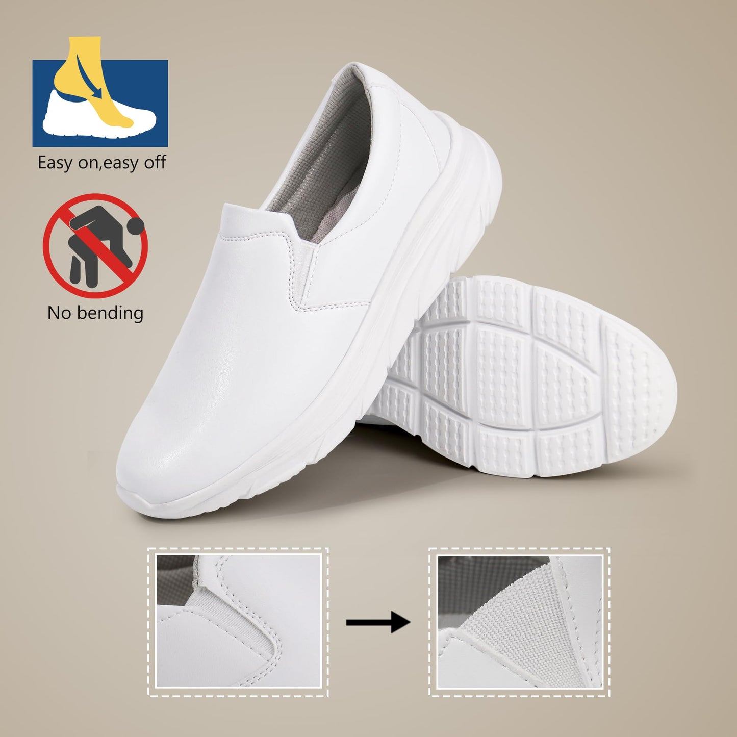Hawkwell Men's Slip On Arch Support Lightweight Slip Resistant Comfortable Nursing Shoes,Synthetic Leather White,8 M US