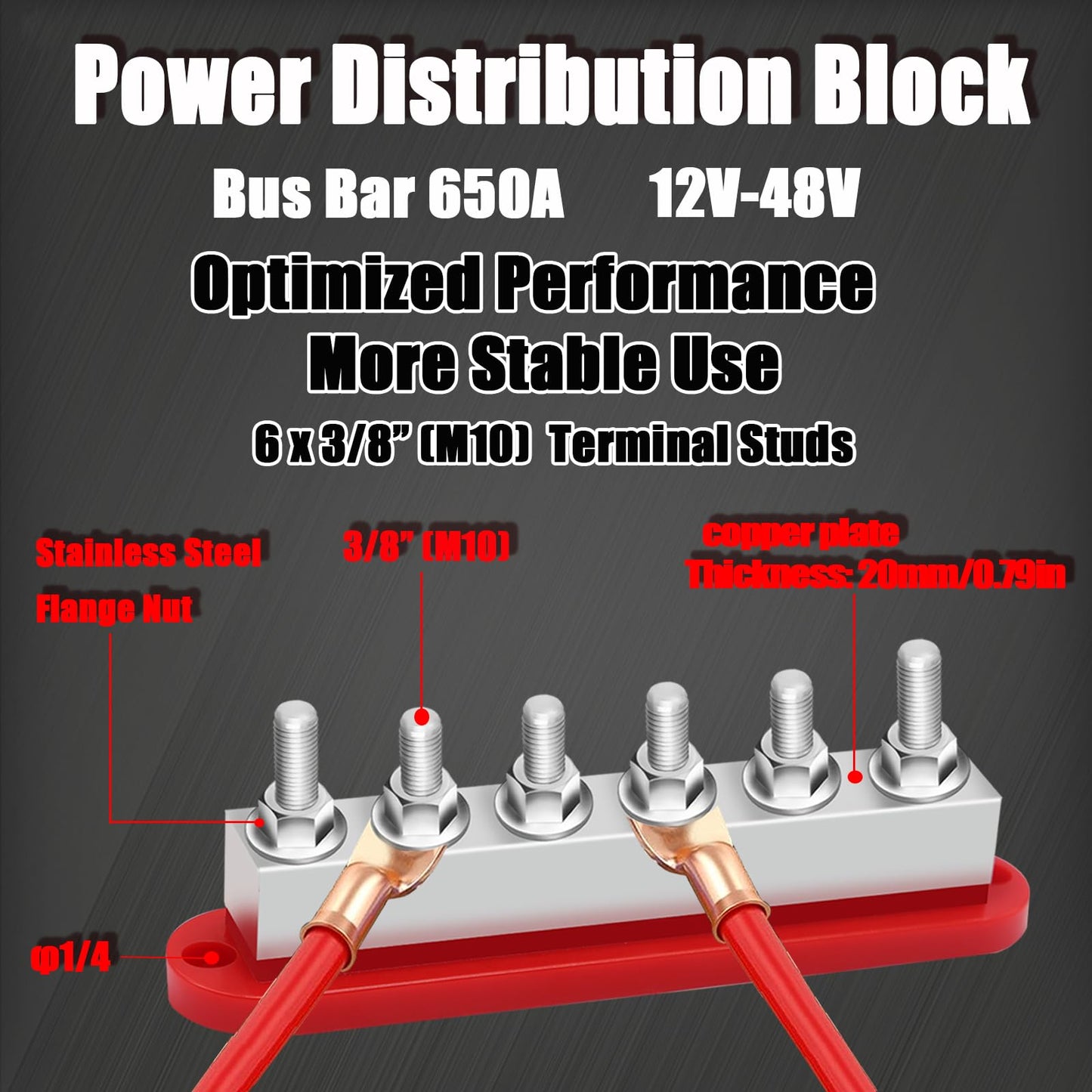 maierke 650A Bus Bar 12V Marine 3/8" Power Distribution Block Automotive Busbar Terminal Block,Battery Buss Bar (Pair, Red & Black) 6 x 3/8" Post
