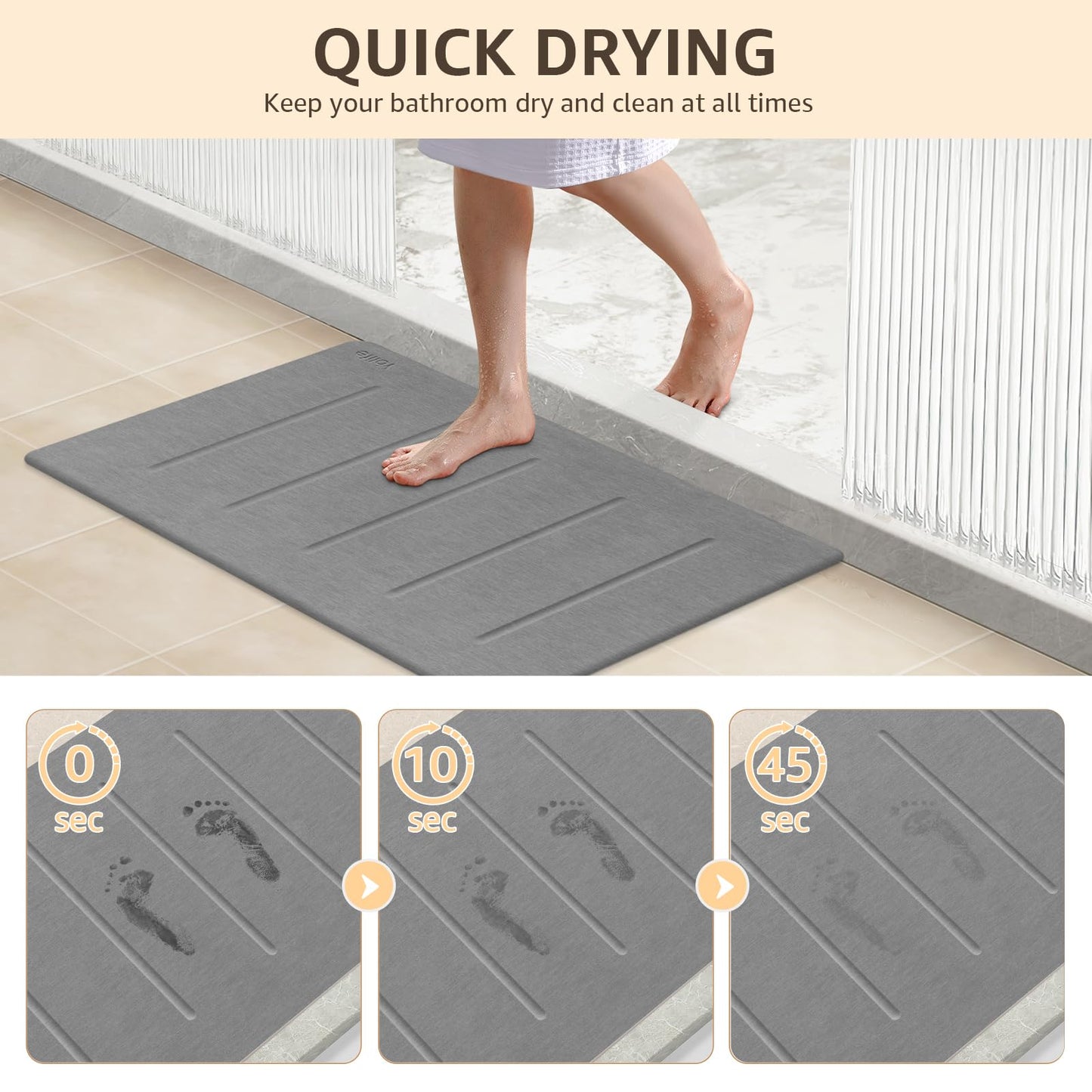 Yolife Stone Bath Mat Large, 32" x 20" Diatomaceous Earth Bath Mat for Bathroom, Super Absorbent Quick Drying Bathroom Stone Mat, Non-Slip Diatomite Shower Mat, Easy to Clean, Dark Grey