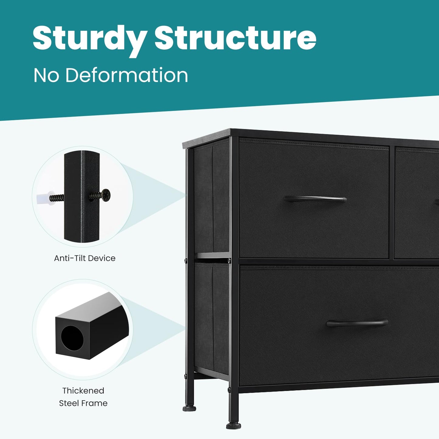 OLIXIS 5 Drawers Dresser Fabric Storage Tower Bedroom Living Room entryway Steel Frame Wooden top Easy Pull Bins Compact Organizer for Clothes Essentials Durable Home Storage Solution