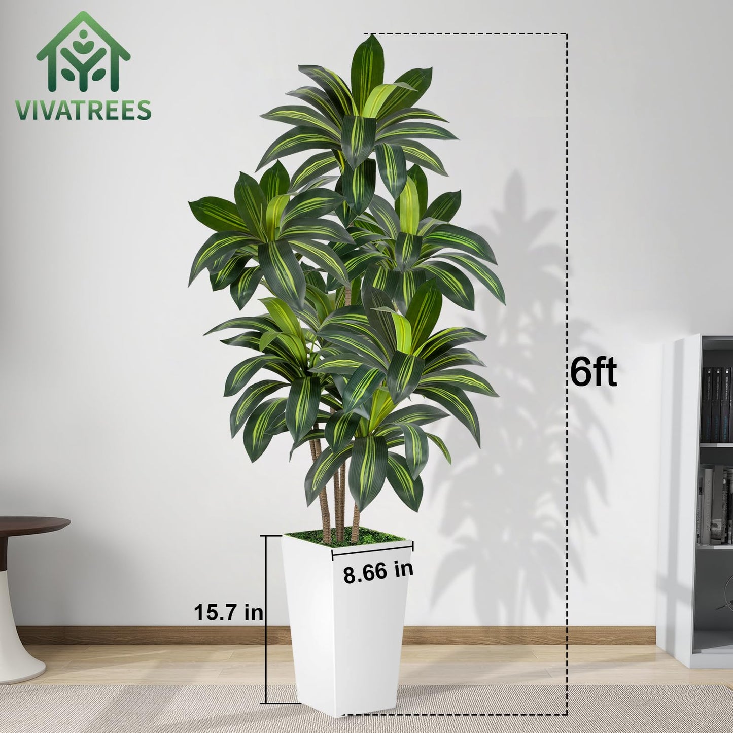 VIVATREES Dracaena Tree 6FT Artificial, 72in Tall Faux Dracaena Tree with 15.7 White Planter, Fake Potted Tree for Indoor & Outdoor Home Office Decor