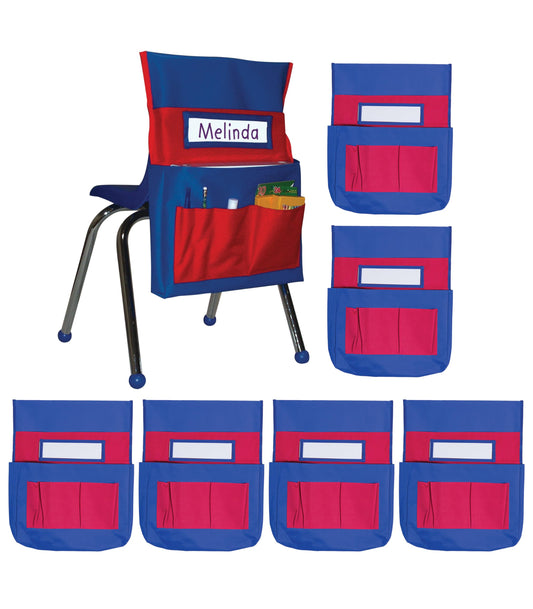 Carson Dellosa 6-Pack Blue and Red Chairback Buddy Pocket Chart Set, 15" x 19" Back of Chair School Supplies Pocket Organizer with Name Tag and 6 Chair Pockets for Classrooms, Classroom Organization