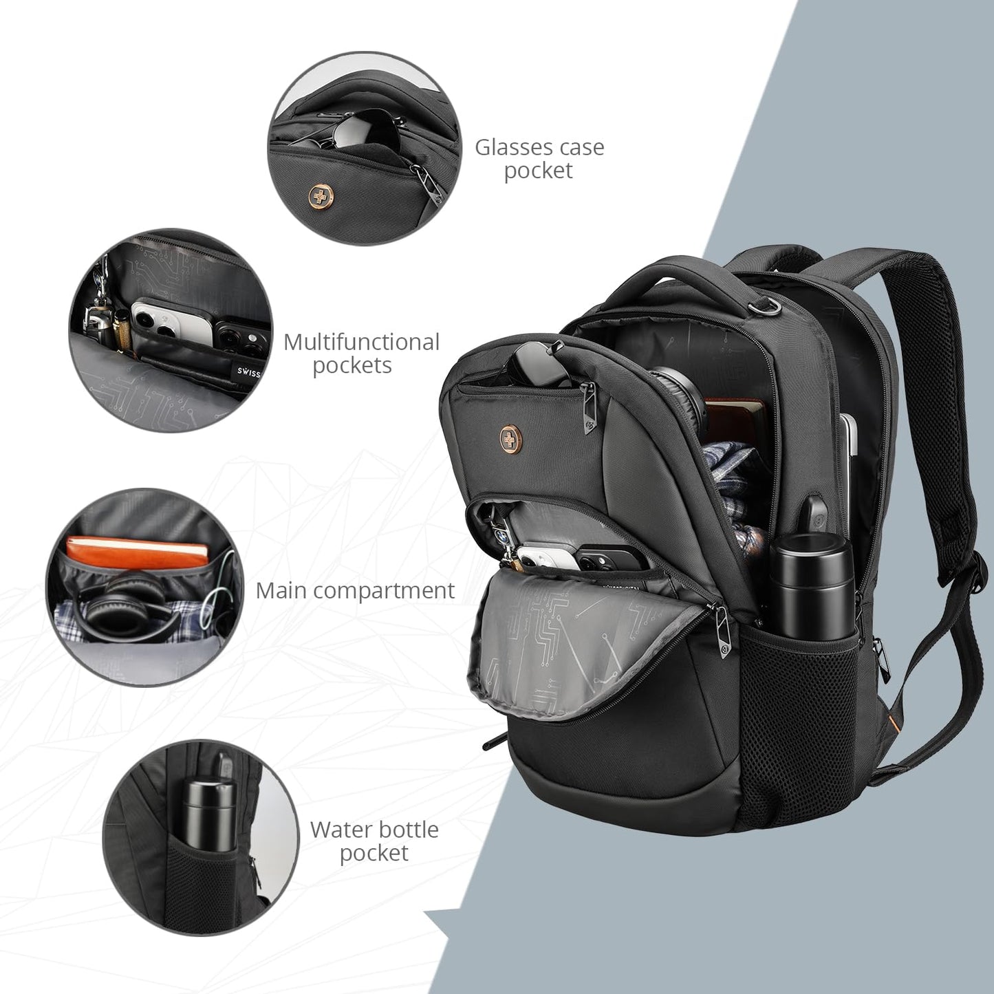 Swissdigital Design Travel Laptop Backpack, College Laptops Backpack with USB Charging Port for Men & Women Fits 16 Inch Notebook (ANDWIL SD1670) One Nation One World