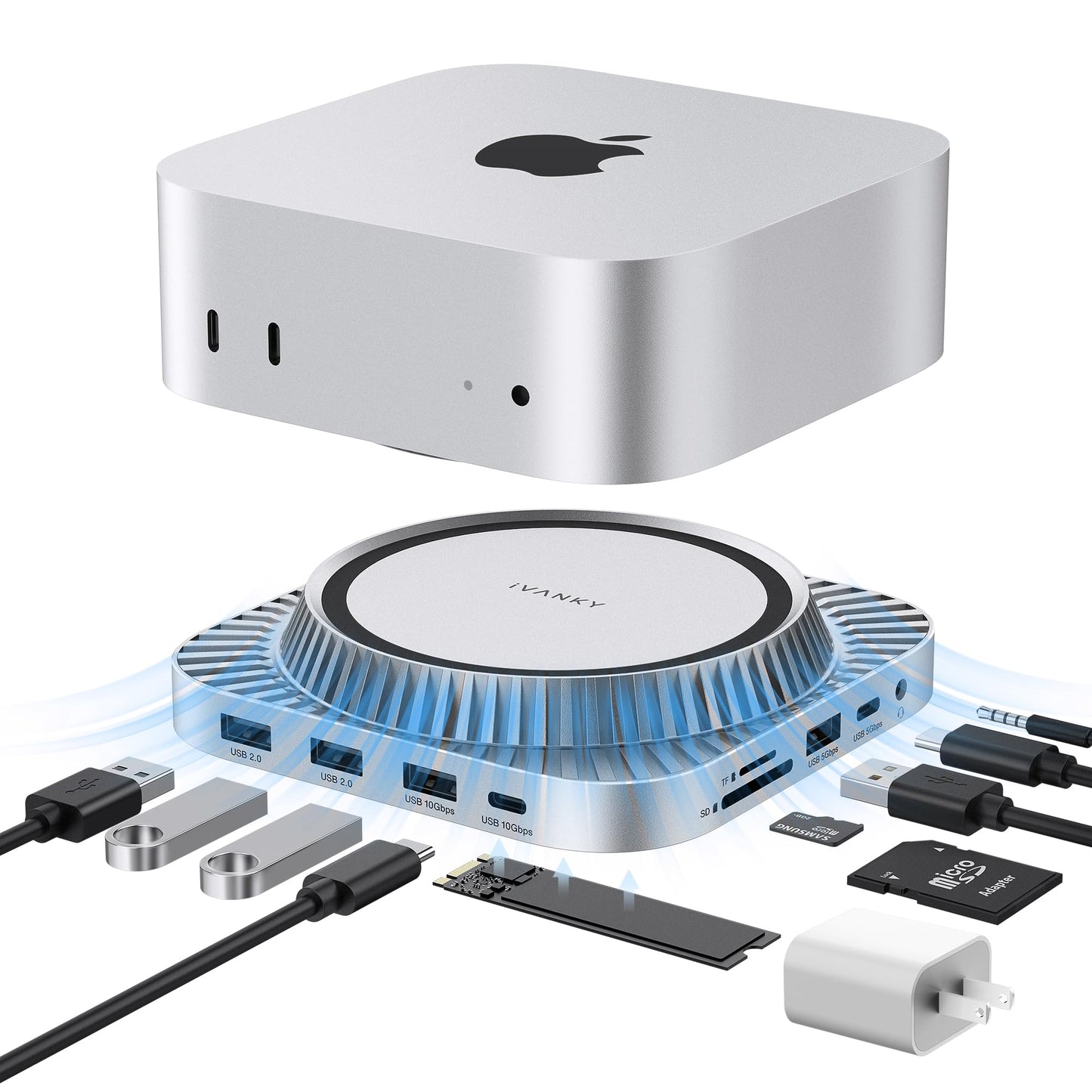 IVANKY 13-in-1 Mac mini M4 Dock, Ultra Docking Station Stand with M.2 NVMe SSD Enclosure, 4K@120Hz HDMI Hub for Mac mini M4 &M4 Pro (2024), 10 Gbps USB, SD/TE, Audio Ports *2, 20W PD Power Adapter *1