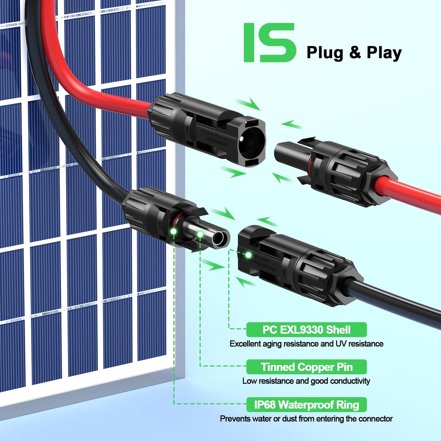 Bateria Power Solar to XT60 Charge Extension Cable with Solar Connectors Caps, Combined Wire Solar Connector to XT60 Adapter Cable for Solar Panel to Battery RV Power Station Generator 10AWG 50FT