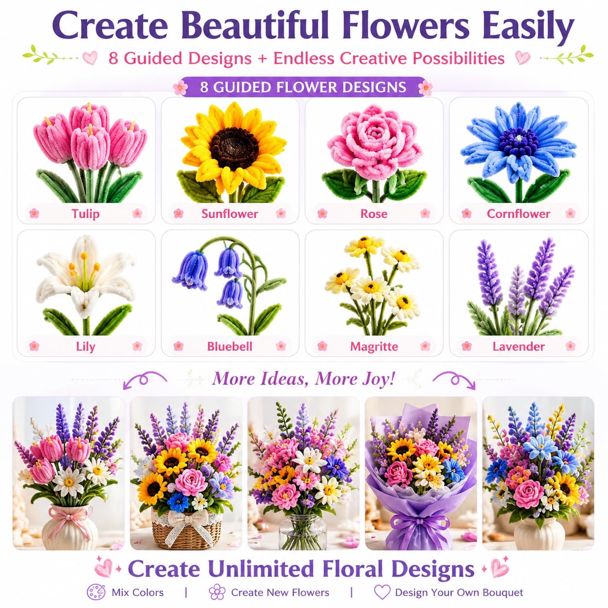 790 PCS Pipe Cleaner Flower Kit, Flower Pipe Cleaner Bulk Set, Pipe Cleaners Pastel for Pipe Flowers, DIY Pipe Cleaner Bouquet Craft Supplies for Handmade Gifts