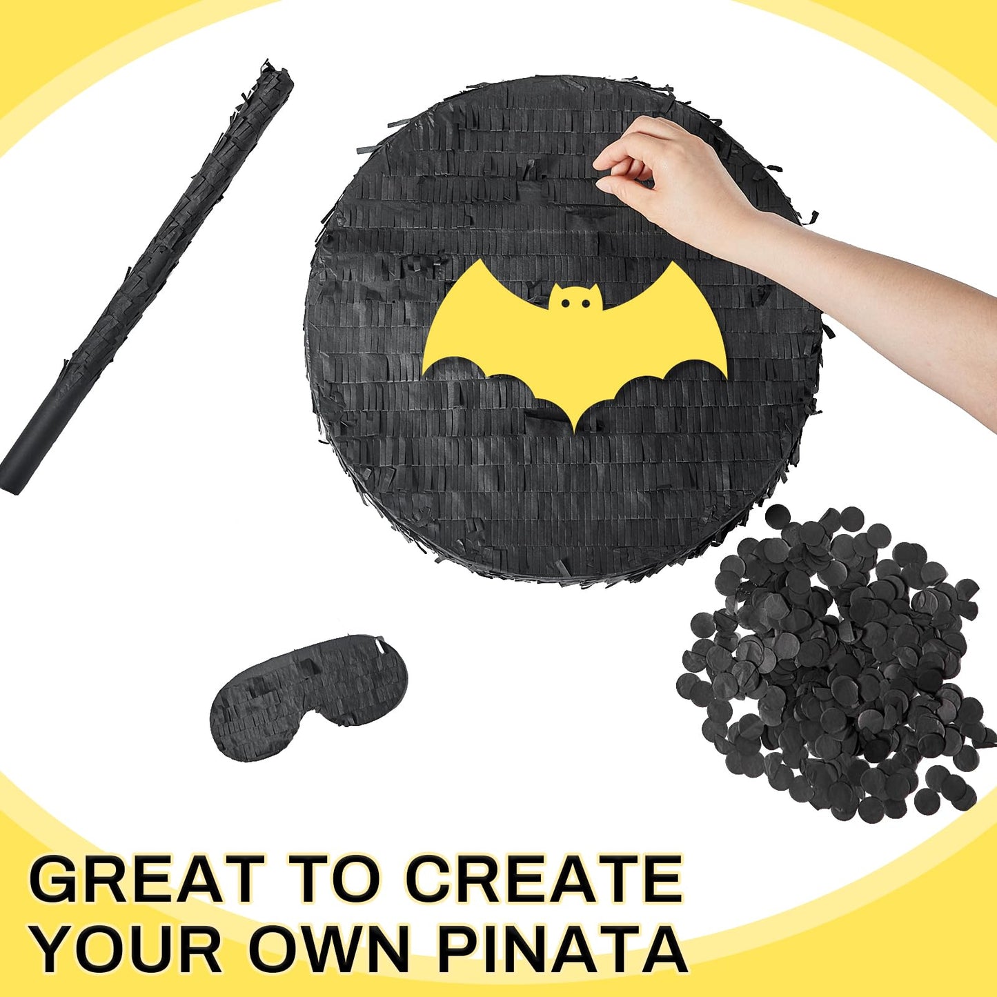 Jenaai 16 Round Blank Piñata with Piñata Stick Bat Blindfold and Confetti for Adults Kids Boys Girls Birthday Carnival Party Supplies to DIY and Create Your Own Piñata(Black)
