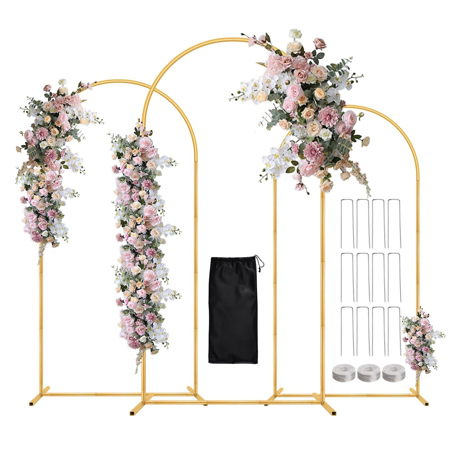 WellSign Balloon Arch Stand,7.2FT, 6.6FT, 6FT Set of 3 Metal Gold Wedding Backdrop Arch Stand Kit for Valentine Baby Shower Engagement Party Event Decoration Garden Floral Balloon Arch with Base