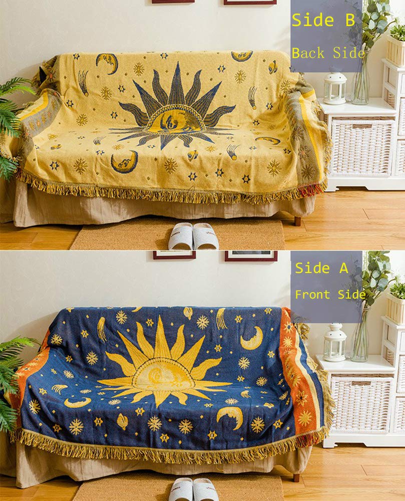 Erke 70" x 90" Sun and Moon Blanket Celestial Couch Sheet Cover Witchy Hippy Home Decoration, Double Sided Cotton Woven Hippie Throws Wicca Blankets for Couch Bed Recliner Decor - Yellow/Blue