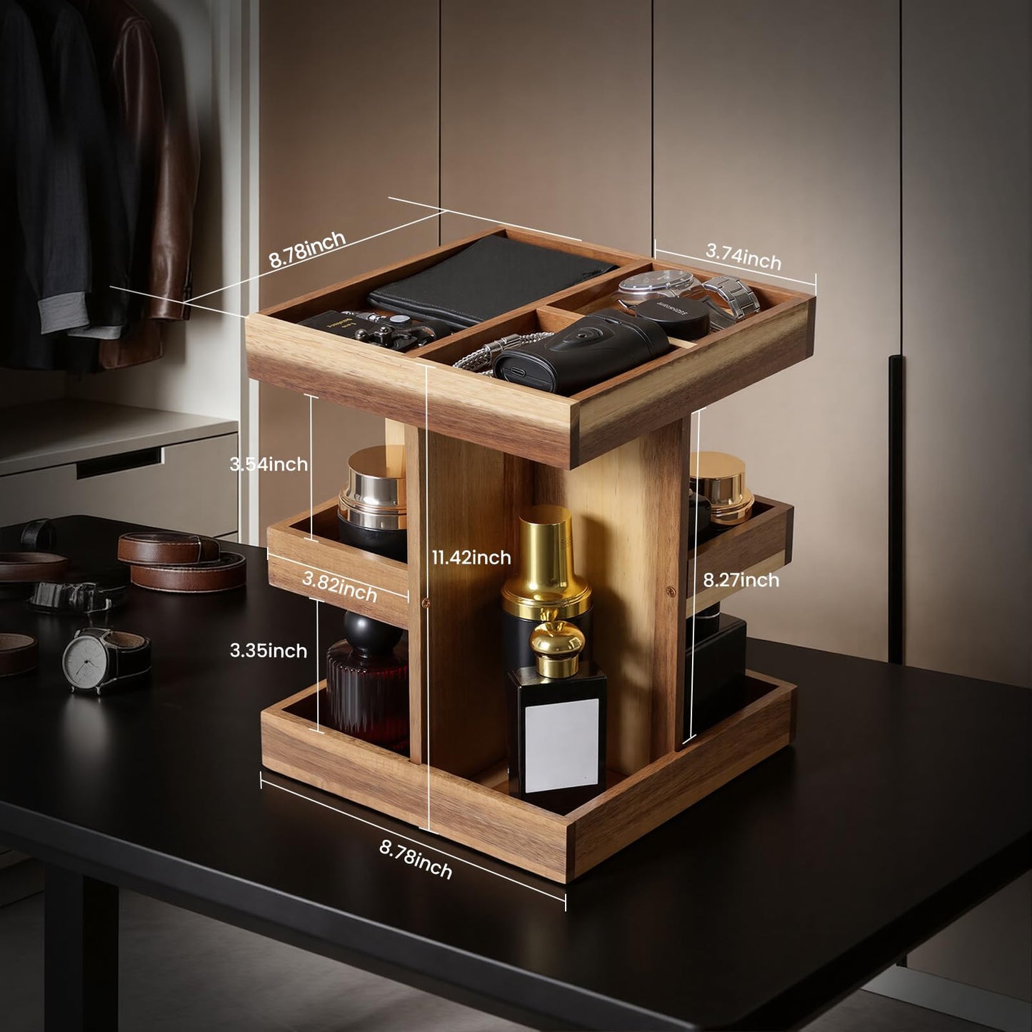 EXIN DECHEN Cologne Organizer for Men,Cologne Stand,3 Tier Wooden Perfume Shelf with Rotate,Desk Organizer,Gift for Dad From Wife,Husband Boyfriend Birthday Gift Ideas,Fathers Day Gift for Men