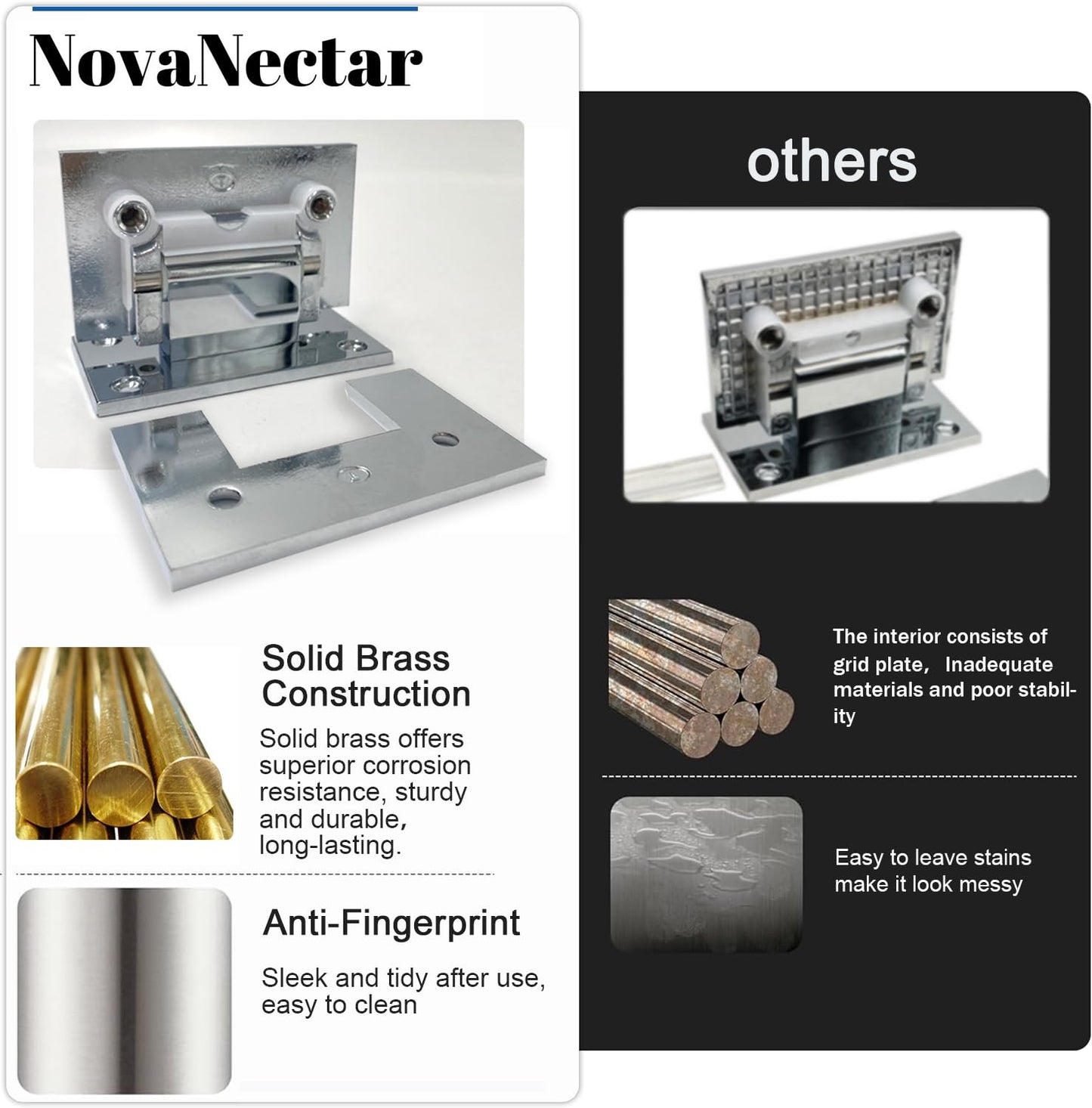 NovaNectar Brass Glass Door Hinge,90 Degree Heavy Duty Short Back Plate Hinges, Shower Door Hardware Replacement for 5/16" to 1/2" (8 to 12 mm) Tempered Glass, Chrome