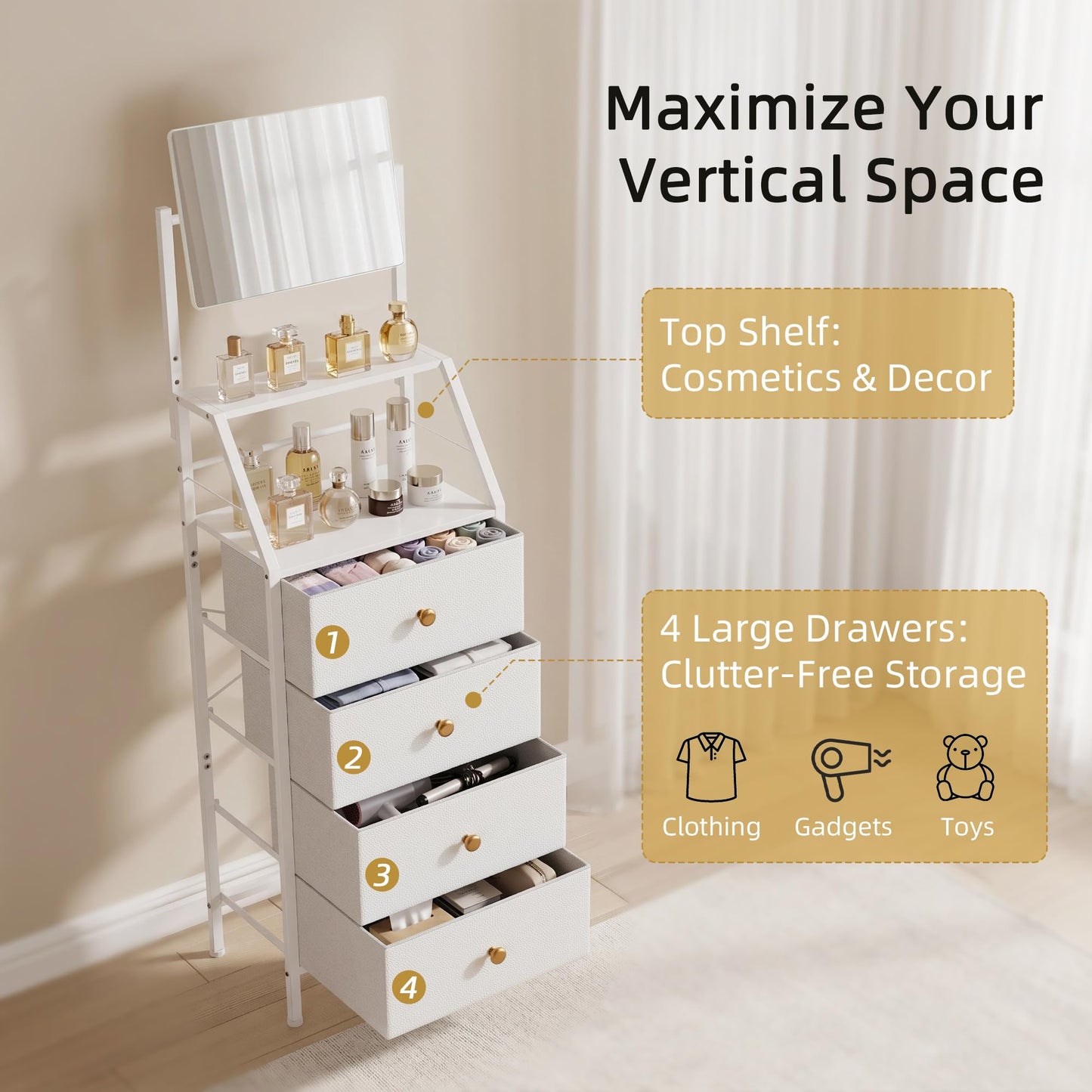 HIGDBFE 4-Drawer Dresser with Mirror, Vanity with 2-Tier Shelves, Fabric Chest of Drawers for Small Space, Vertical Storage Cabinet for Bedroom, Nightstand Bedside Table Furniture, White, 15.3" W
