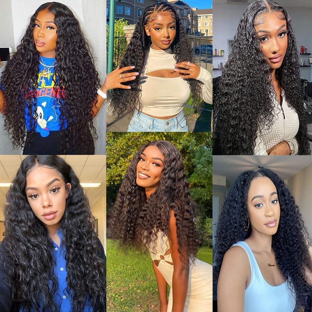 ObeyHeart Deep Wave Middle Part HD Transparent Lace Front Wigs Human Hair Natural Black Color 180% Density Brazilian Human Hair Wigs for Black Women Curly Lace Front Wig Human Hair(24 Inch)
