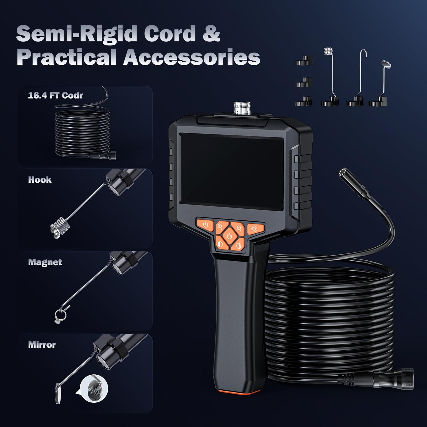 50FT Endoscope Camera with Light, Ginocaco 4.3'' HD 1080P Borescope Inspection Camera with 8 Adjust LED Lights, Semi-Rigid Cable, IP67 Waterproof Scope for HVAC Tool, Gadget Gift for Men