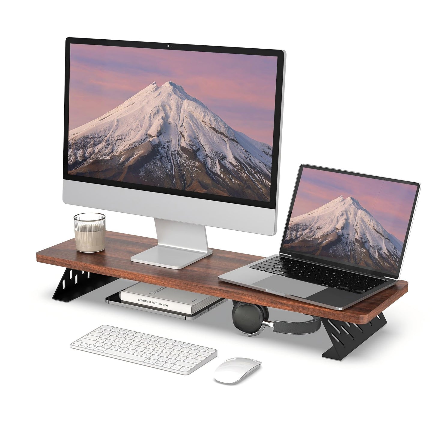 Fenge Monitor Stand Riser, 31.5 Inch Desk Top Shelf for 2 Monitors, Computer Stands for Desk, Wood & Steel Desktop Riser for Laptop, PC, Printer