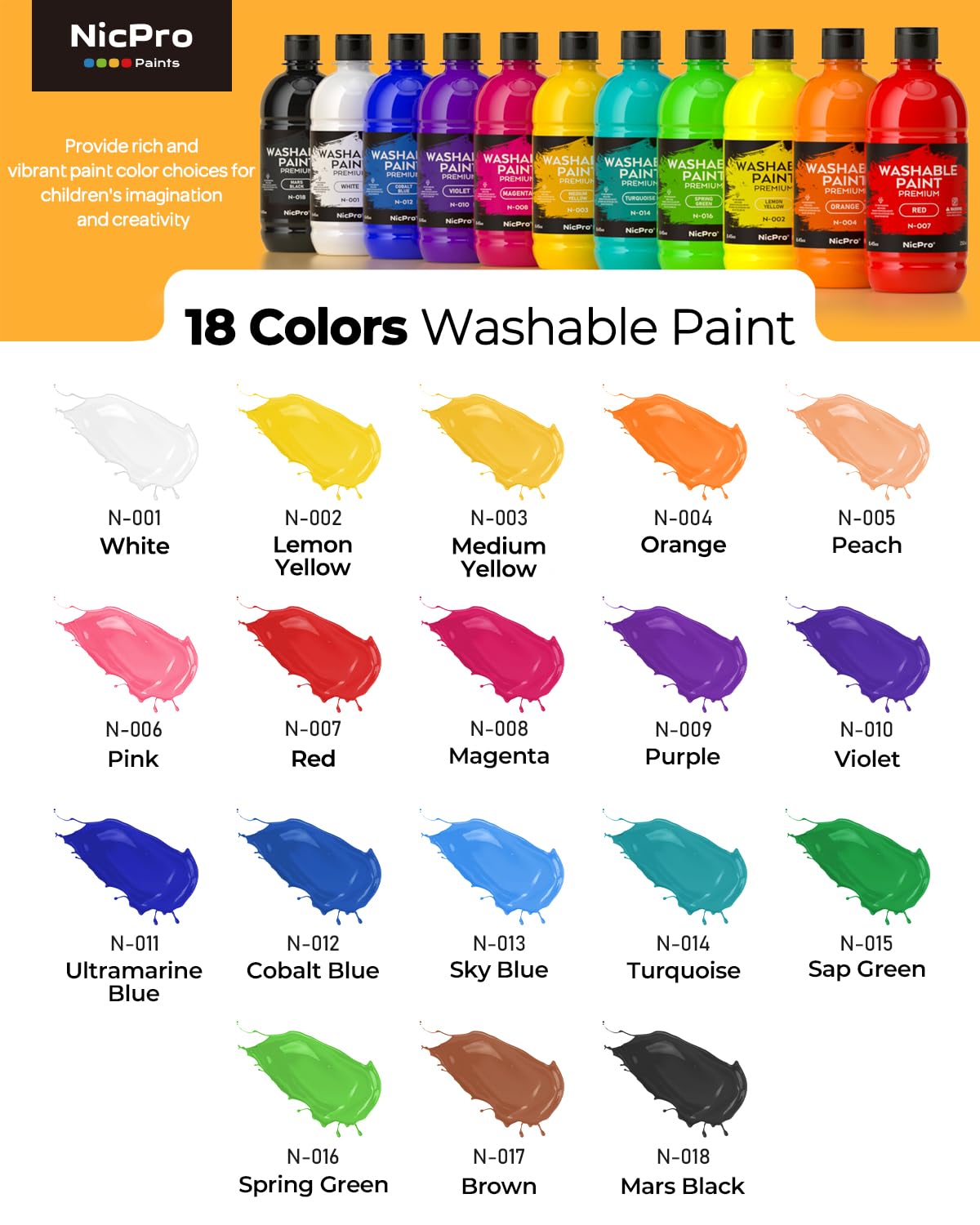 Nicpro 18 Colors Large Washable Paint Set for Kid (8.4oz,250 ml), Acrylic Bulk Paint Supplies Non Toxic Children Tempera Paint for Art, DIY Craft Supplies, Poster & Finger Paint, School, Home,Classroom, Party