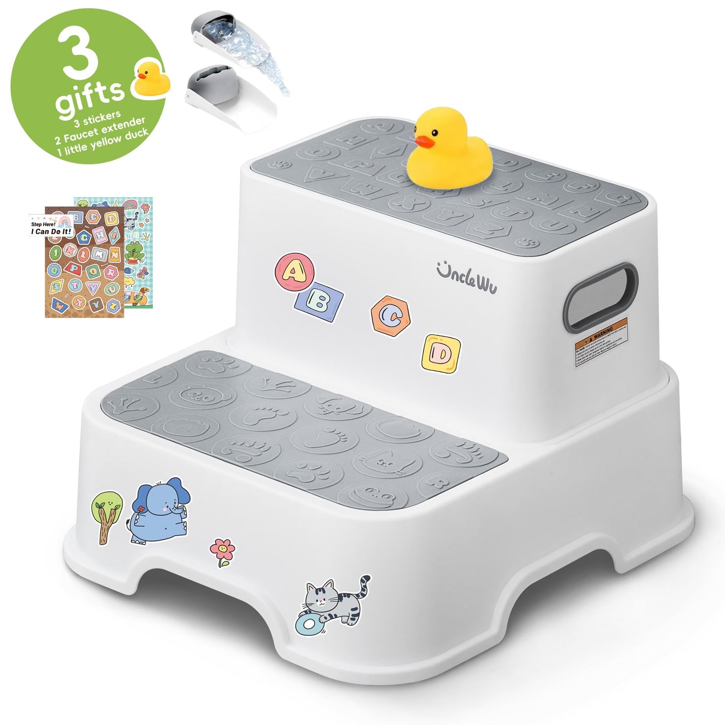 2-Pack Step Stool for Kids – Non-Slip Toddler Step Stool for Bathroom Sink & Potty Training – Heavy Duty 200 lbs, Includes Faucet Extender & Duck Bath Toys (Gray White)