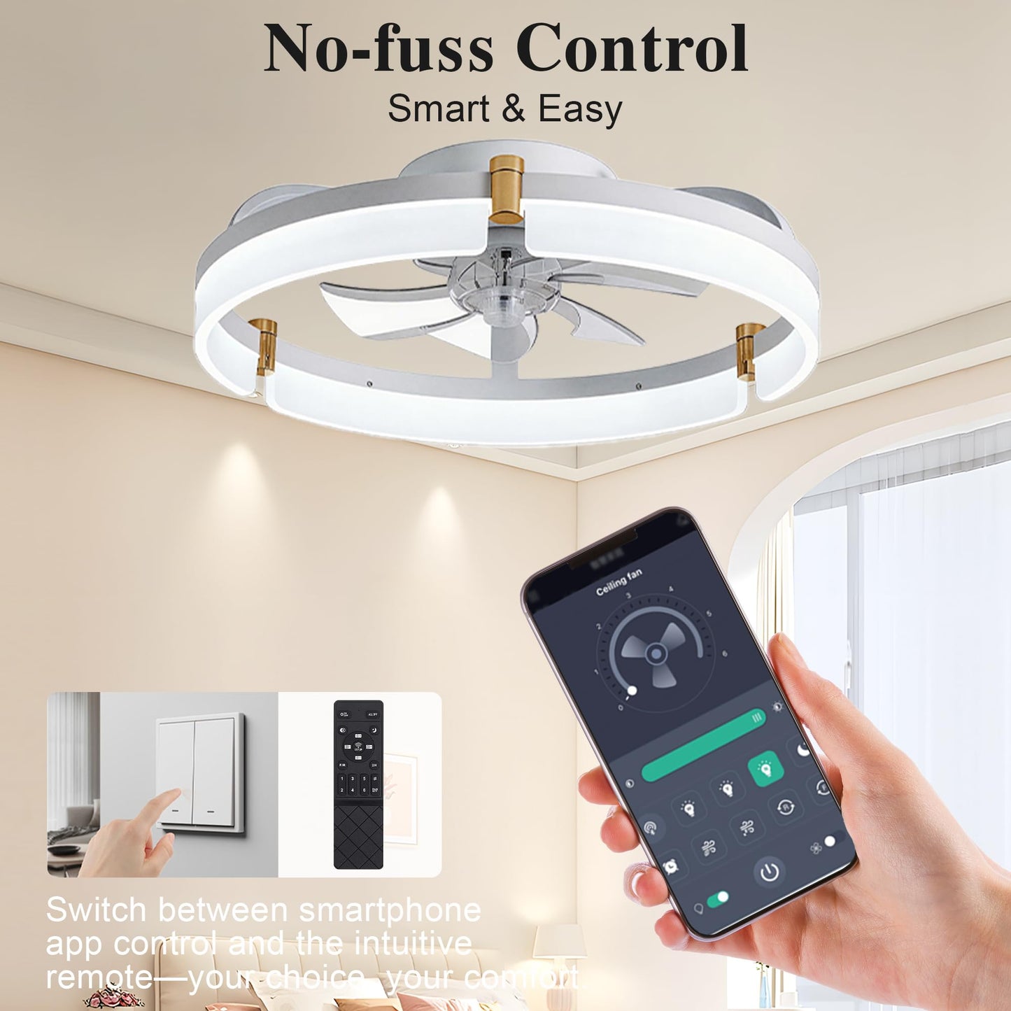 Ceiling Fans with Lights and Remote Fandelier - White 20'' Flush Mount Low Profile Modern Ceiling Fans for Bedroom - Stepless Color Temperature and 6 Speeds, White