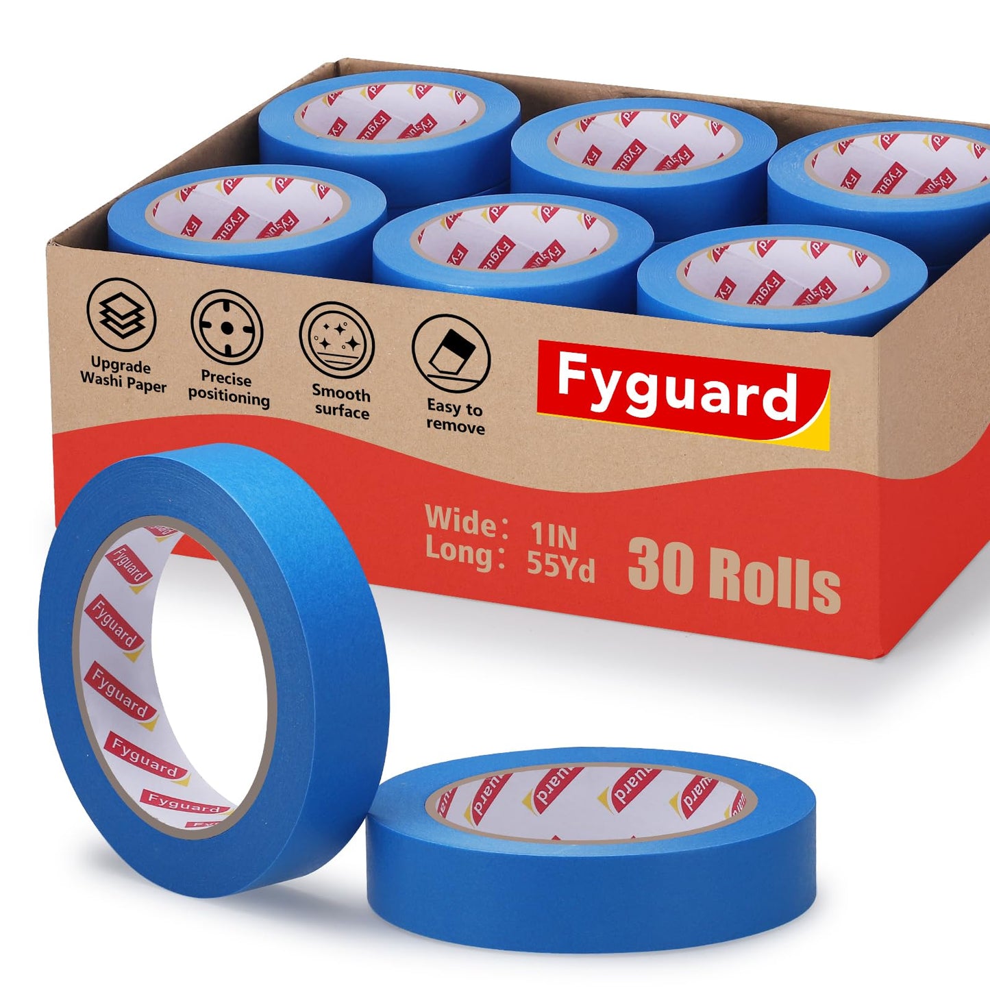 Fyguard 30Rolls Blue Painters Tape 1 Inch Wide 0.94In x 1650 Total Yards Bulk Blue Masking Tape, Heat Resistant Washi Tape for Wall Painting DIY Projects, Sharp Lines