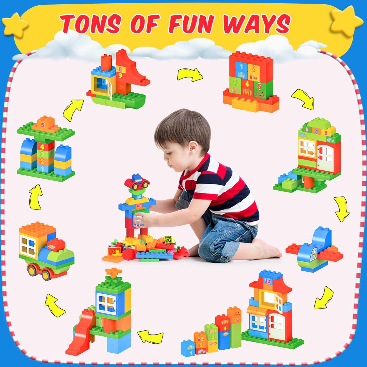 Large Building Blocks Set, 94 Pcs Kids Pre-School Toy Early Learning Big First Building Blocks for Toddler Boys Girls Aged 3+