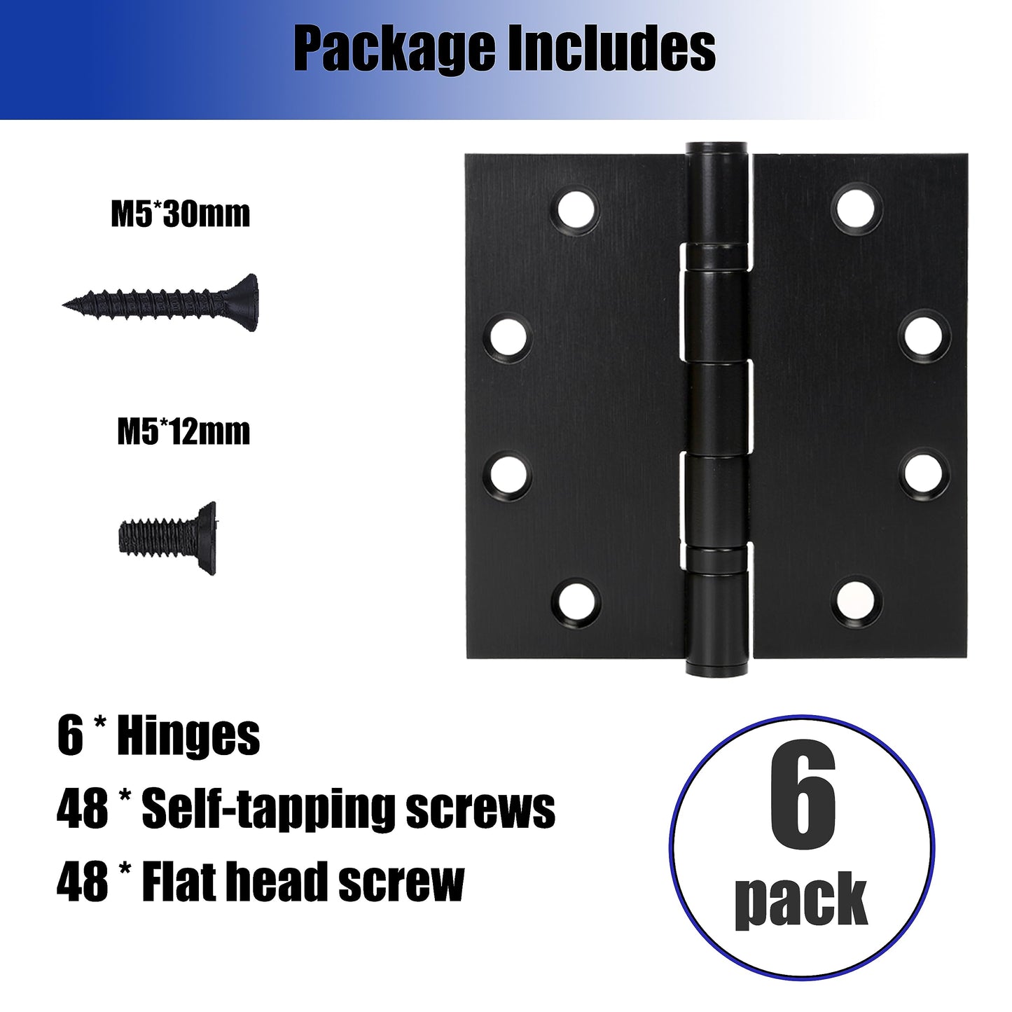 6-Pack 4.5 X 4.5 inch Black Heavy Duty Commercial Door Hinges Thickened, Silent Plain Steel Ball Bearing Door Hinges, Thickness 3 mm Stainless Steel Square Corners with 48 Screws