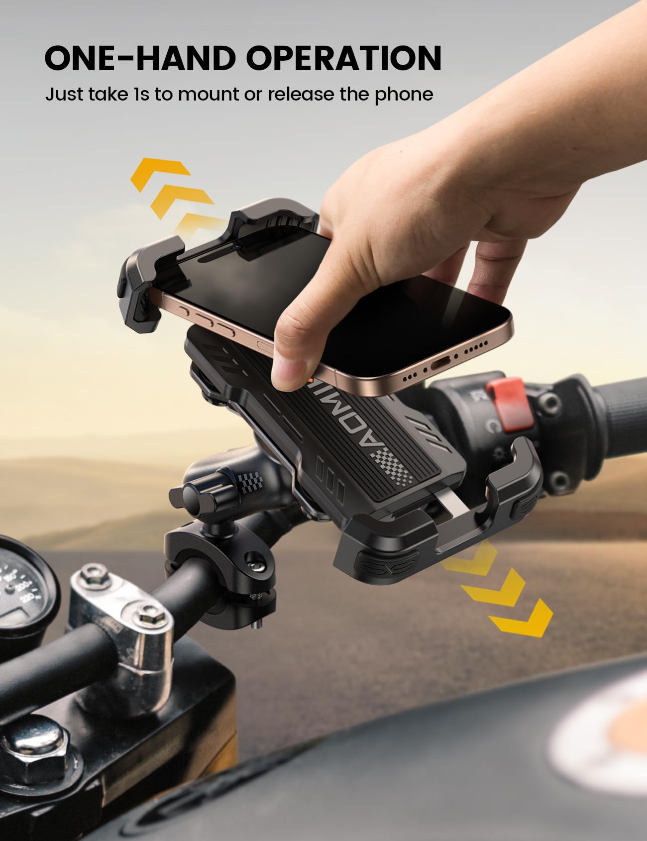 Aomiker Motorcycle Phone Mount Holder - [Metal Extension Arm] [Dual Vibration Dampener] Motorcycle Cell Phone Mount, Bike Phone Handlebar Clamp for iPhone 16 15 14 13 Pro Max Plus, 4.7-6.7" Smartphone