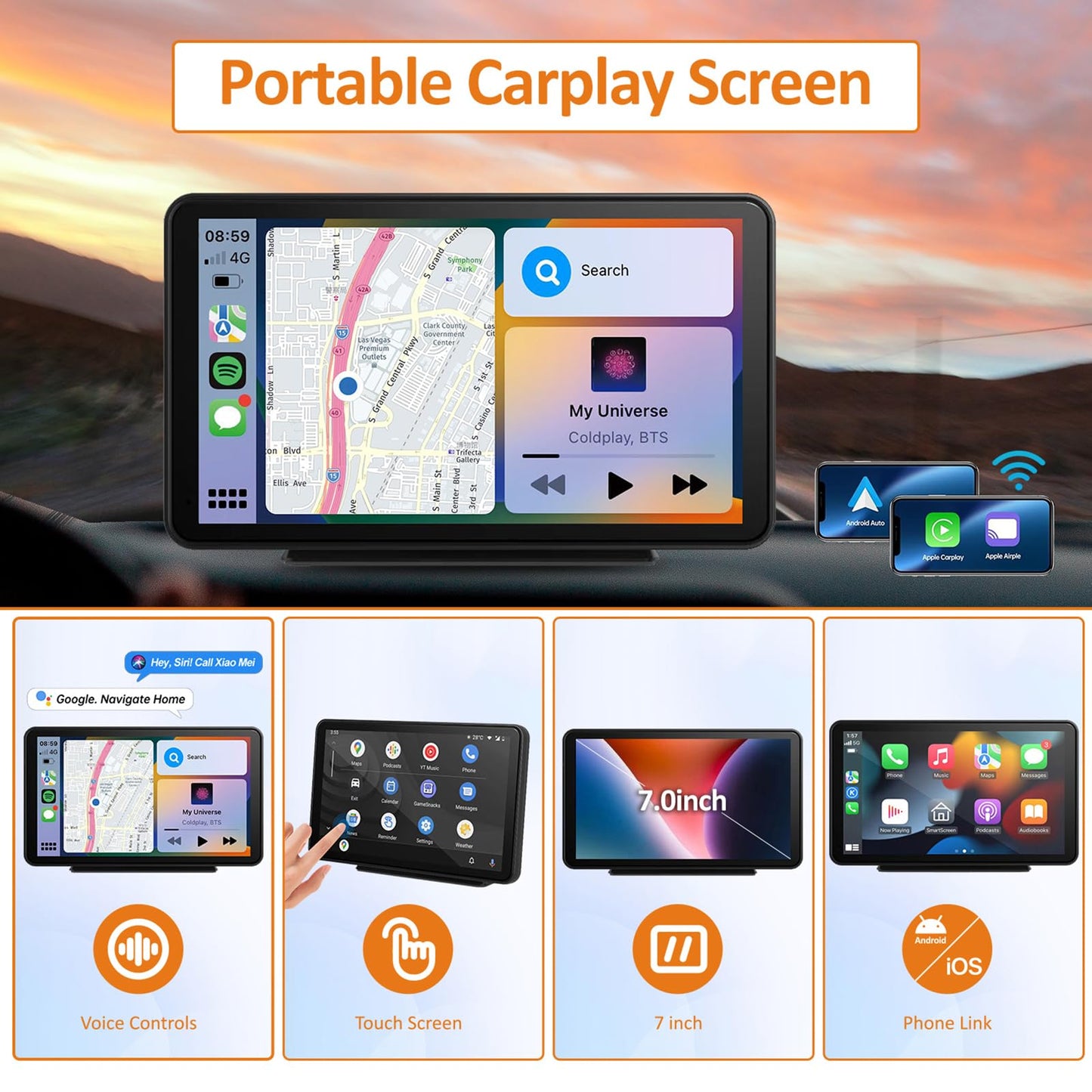 Portable Apple Carplay Screen for Car, Wireless Android Auto Stereo, Easy Install 7 Inch IPS Touch Screen Car Play Adapter, GPS Navigation, Airplay Audio Receivers Bluetooth, Mirror Link for All Cars