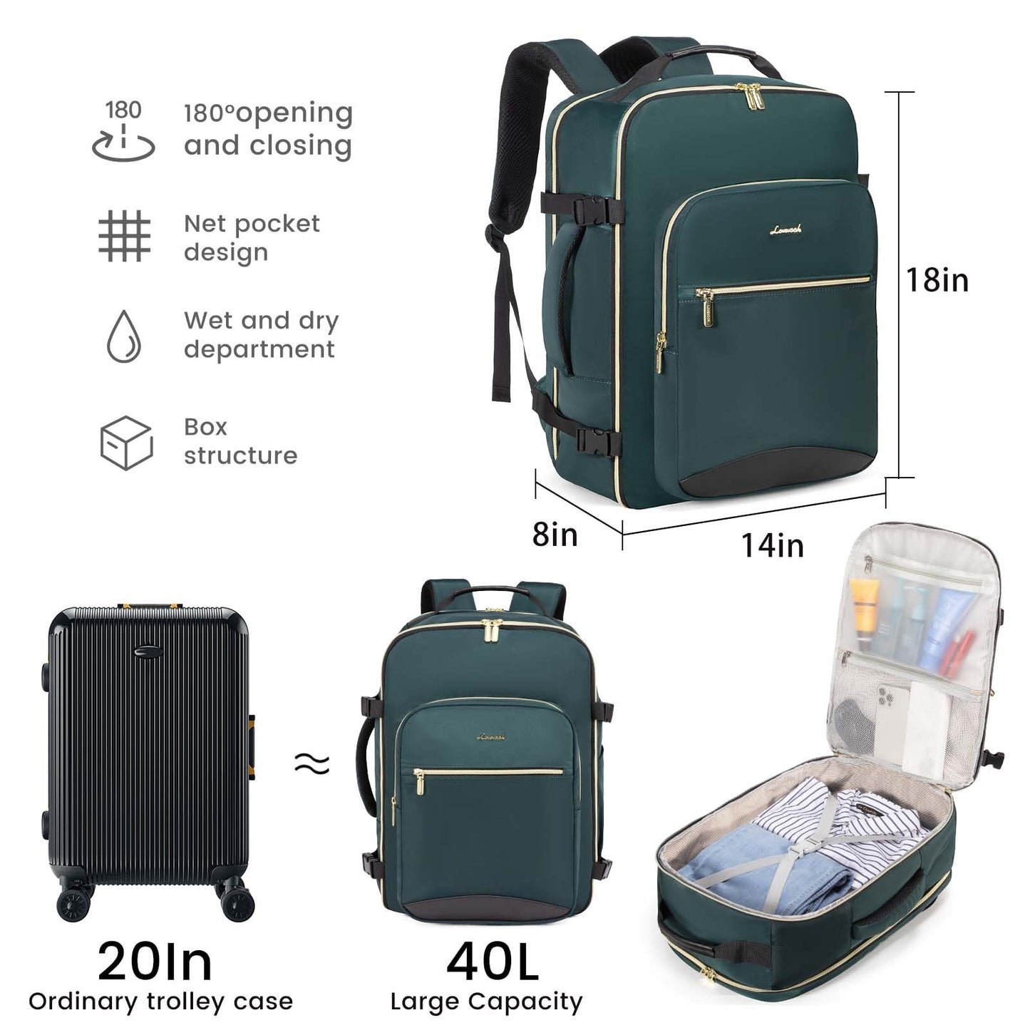 LOVEVOOK 40L Large Travel Backpack for Women Men, 17 Inch Carry on Backpack for Traveling on Airplane, Personal Item Travel Bag Airline Approved, Business Causal Weekender Backpack, Green-Black