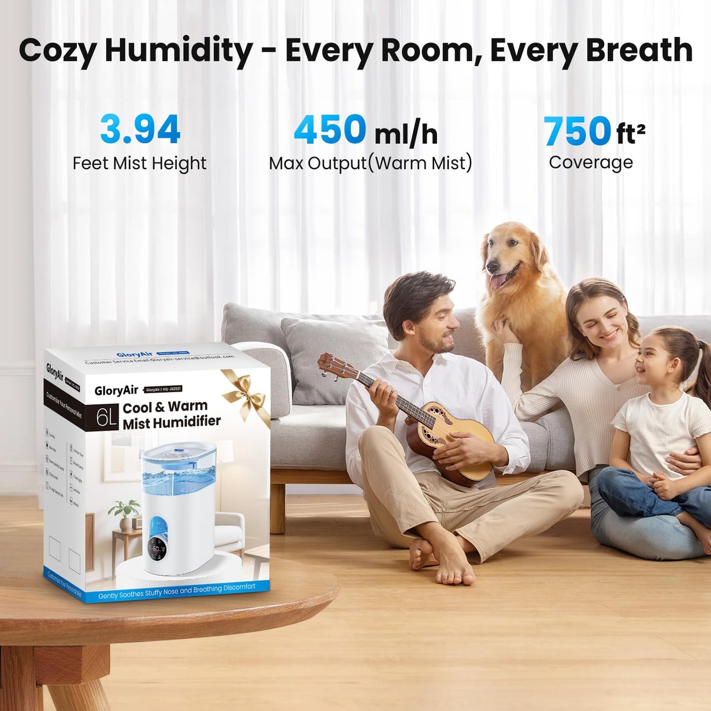 Humidifiers for Bedroom Large Room Home - GloryAir 6L Quiet Top Fill Cool & Warm Mist Humidifier with Smart Humidity Control, Remote Control, 7-Color Light, Humidistat, Oil Diffuser