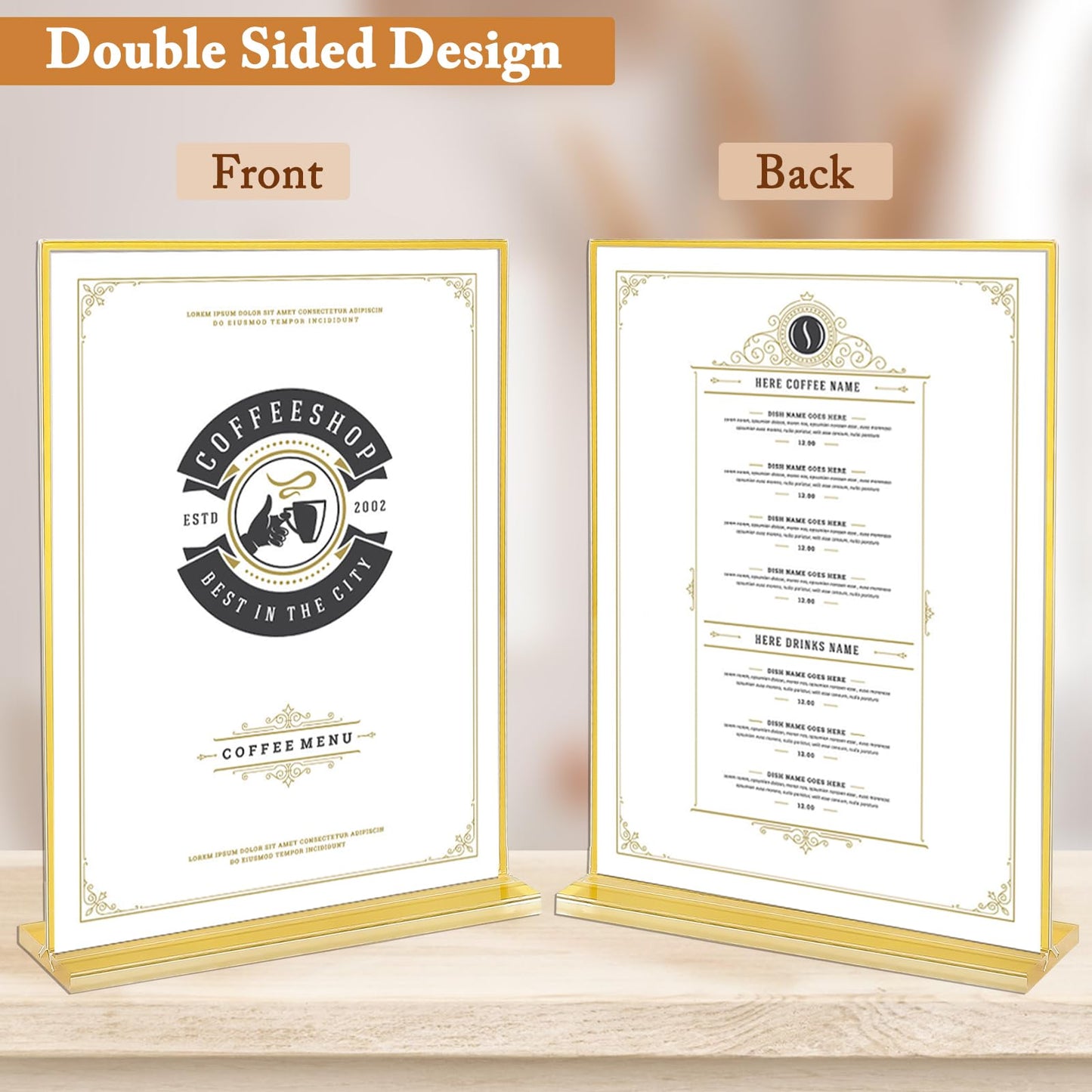 Floroom 6 Pack 8.5x11 Inch Clear Acrylic Sign Holders, Double-Sided Gold Display Stand Picture Frames for Table Numbers, Menus, Flyers, Weddings, and Offices