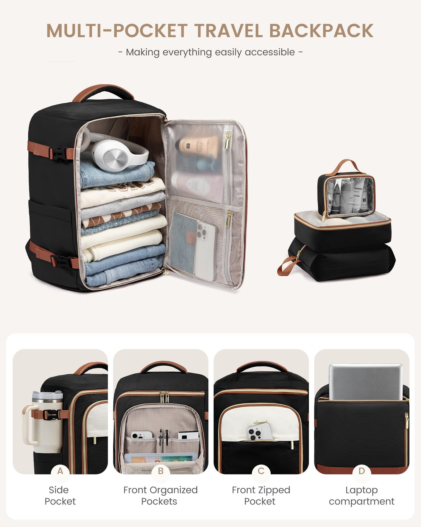 LOVEVOOK 40L Travel Backpack Carry on Flight Approved,Personal Item Bag with 3 Packing Cubes, Travel Backpack Bag for Women Fits 17" Laptop, Water-resistant Carry On Backpack for Airplanes