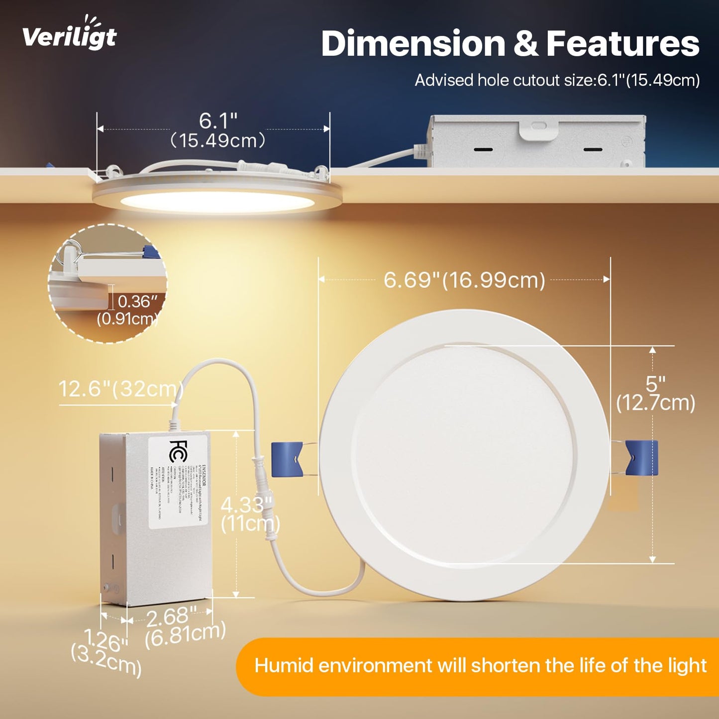 Veriligt 12 Pack 6 Inch LED Recessed Light with Night Light, 2700K/3000K/3500K/4000K/5000K 5CCT Ceiling Light, 1050LM 12W 120V, Dimmable Canless Wafer Downlight ETL&FCC, Energy Saving Star