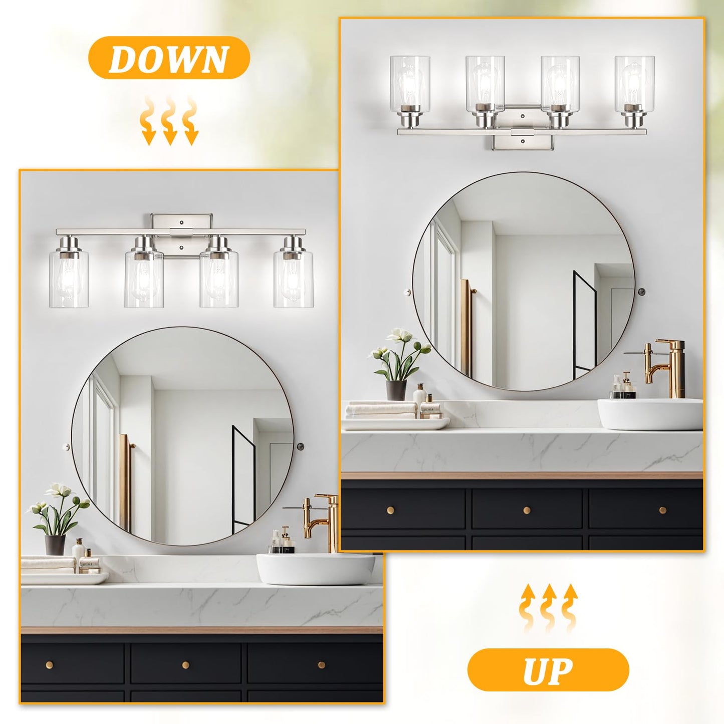Unicozin 4-Light Bathroom Light Fixtures, Modern Vanity Lights with Clear Glass Shades, Brushed Nickel Bathroom Wall Lamp for Mirror Living Room Cabinet Bedroom