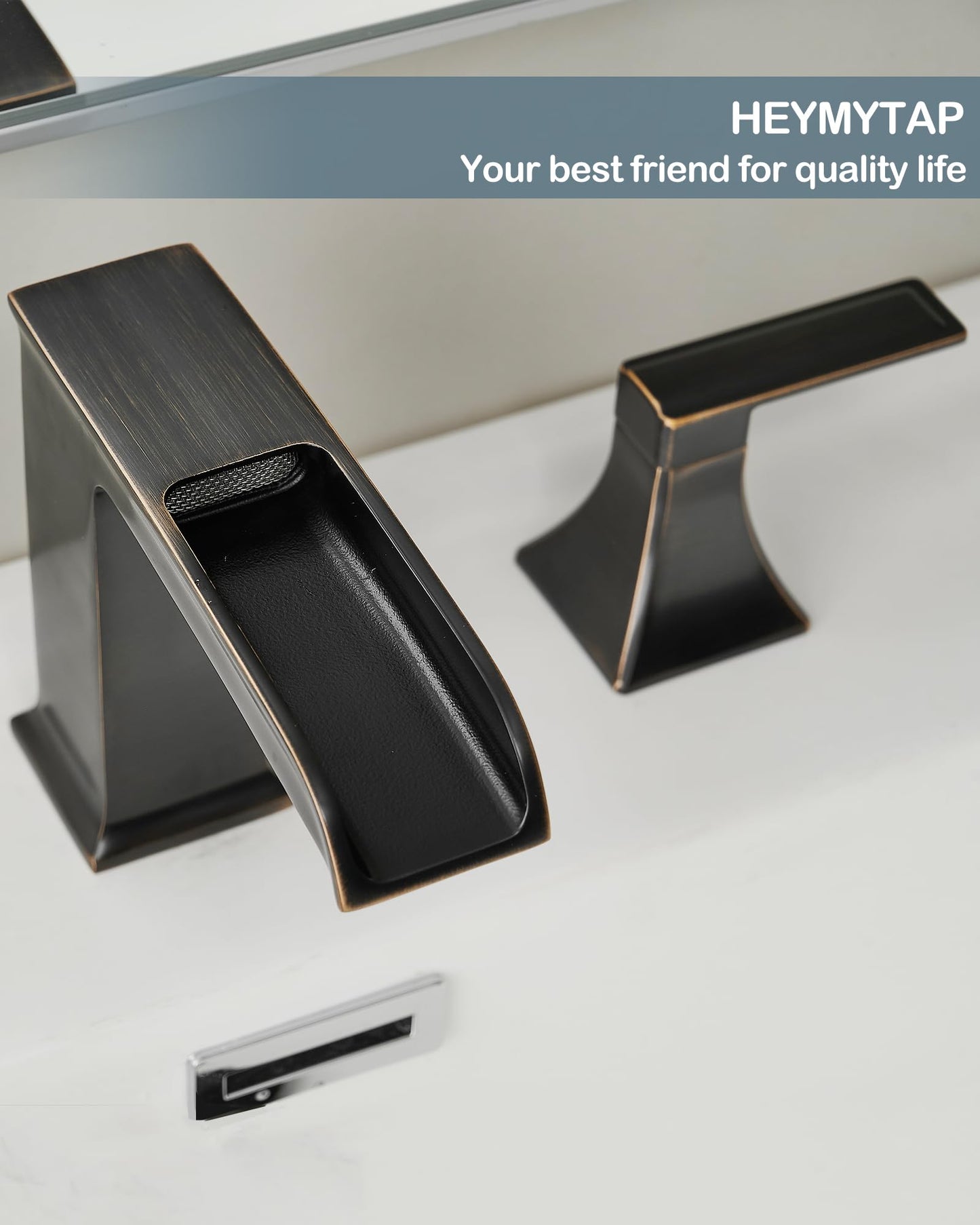 HEYMYTAP Oil Rubbed Bronze Bathroom Faucet 3 Hole, 4-16 Inch Brass Waterfall Faucet for Bathroom Sink, 2 Handle Vanity Bathroom Faucets with Pop-up Drain and Supply Hoses