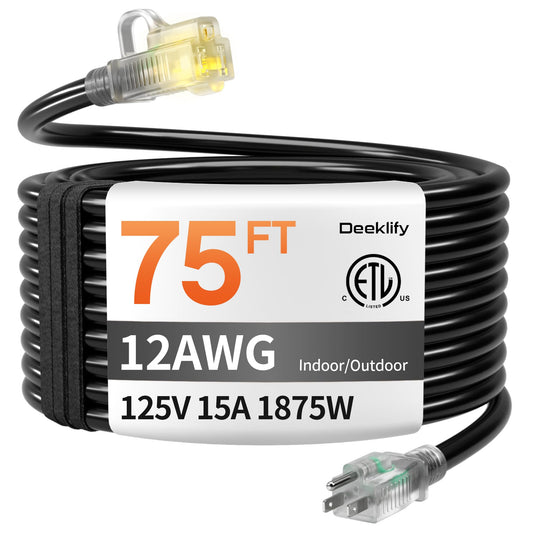 12/3 75 FT Heavy Duty Outdoor Extension Cord Waterproof with Lighted End,Black 12 Gauge Extension Cord Flexible and Cold Resistant 3 Prong Grounded Plug,15Amp 1875W SJTW ETL Listed