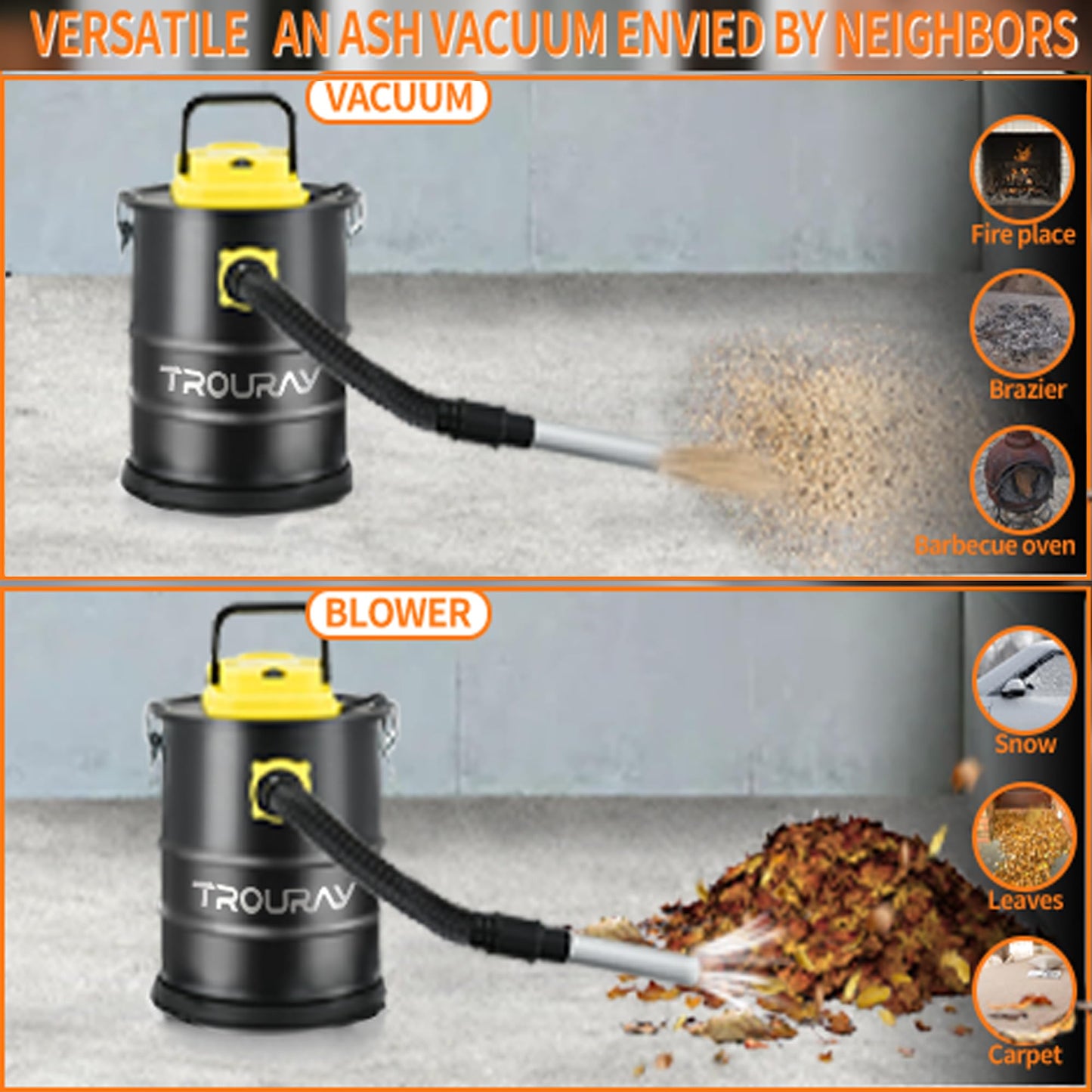 TROURAY Fireplace Ash Vacuum Cleaner, 2.6 Gallon Heat Resistant Lightweight Canister Vacuum Cleaner with 800W Powerful Suction Blowout for Fireplaces, Pellet Roasters, Woodstoves Pellet Ash Vacuums