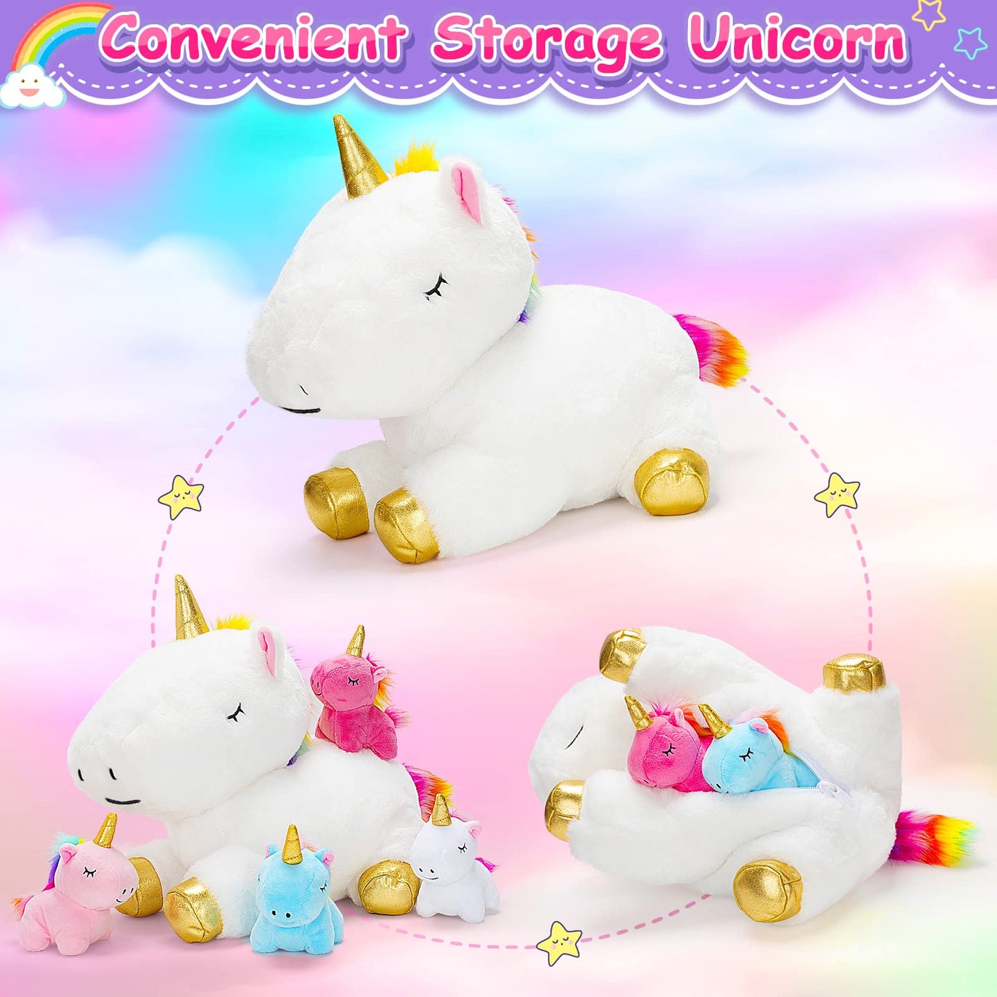 KMUYSL Unicorn Toys for Girls Ages 3 4 5 6 7 8+ Year - Unicorn Mommy Stuffed Animal with 4 Baby Unicorns in Her Tummy, Valentines and Birthday Gifts, Soft Plush Set for Baby, Toddler, Kids
