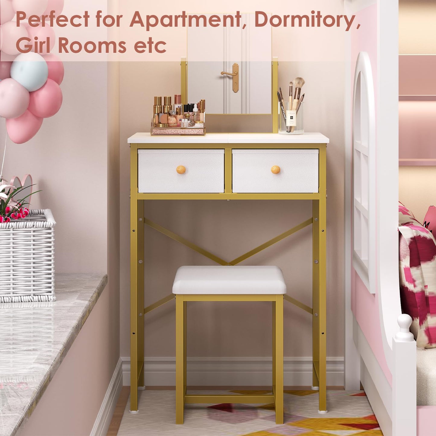 X-cosrack Small Makeup Vanity Desk with Mirror & Chair, Mini Vanity Desk Table Set with Fabric Storage Drawer, 19.7" Compact Vanity Desk for Girls, Dressing Table with Chair for Bedroom, White Golden