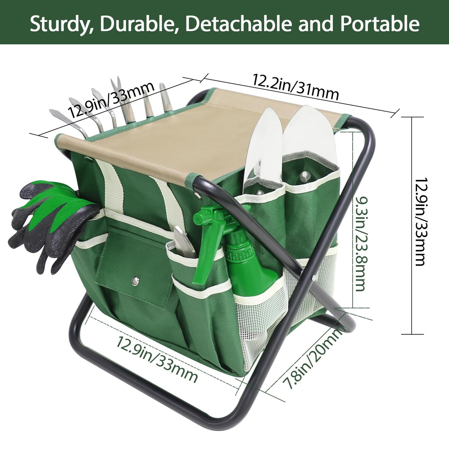 HoHaing Garden Tool Set, 10 Piece Gardening Kit with Heavy Duty Folding Stool, Gardening Tools with Detachable Storage Tote Bag, Stainless Steel Garden Tools, Gardening Gifts for Women Men Green
