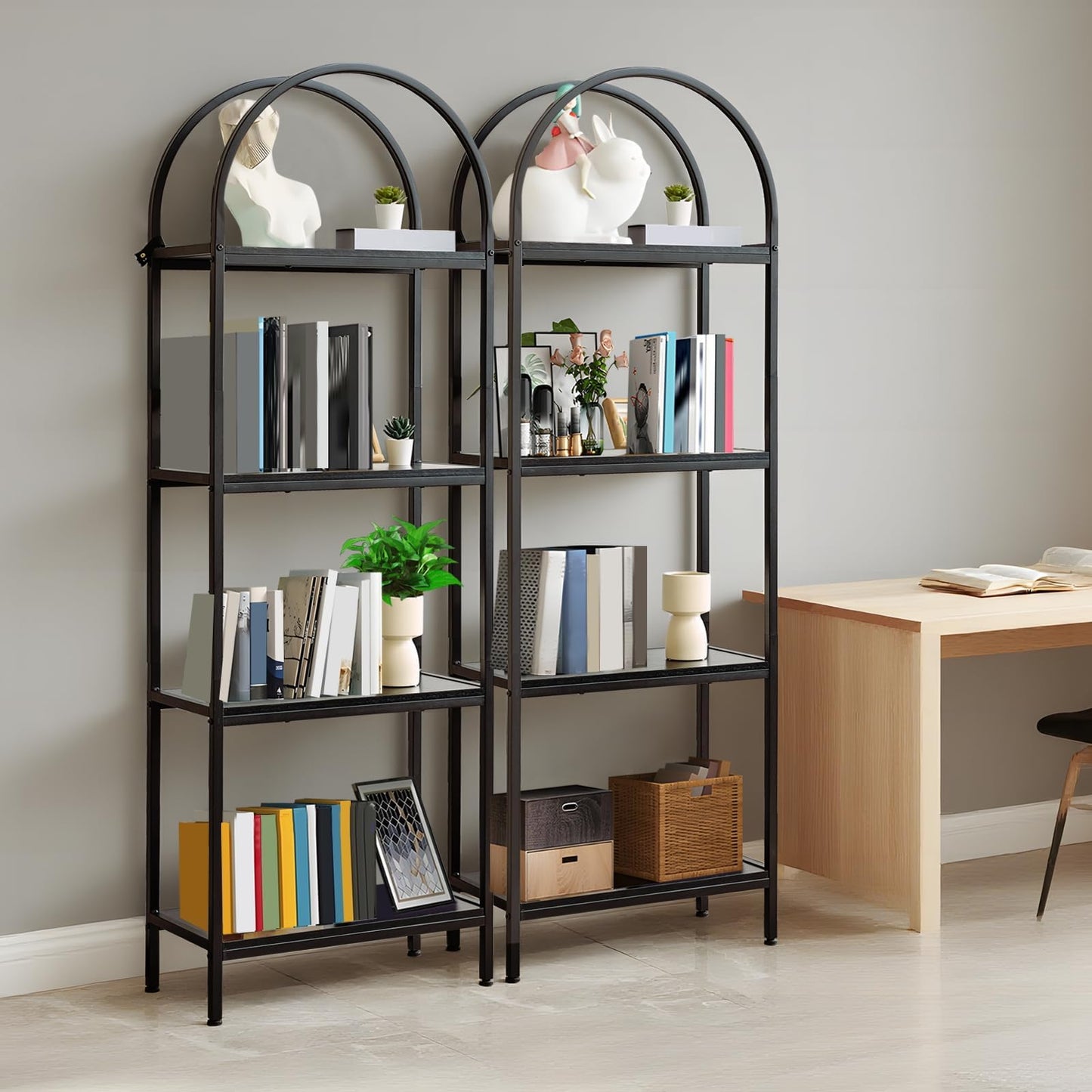IDEALHOUSE Bookshelf 4 Tier,Arched Display Racks,Tall Shelf for CDs/Books, Modern Storage Rack Shelf Large Wood Book Shelf for Bedroom, Living Room, Home Office