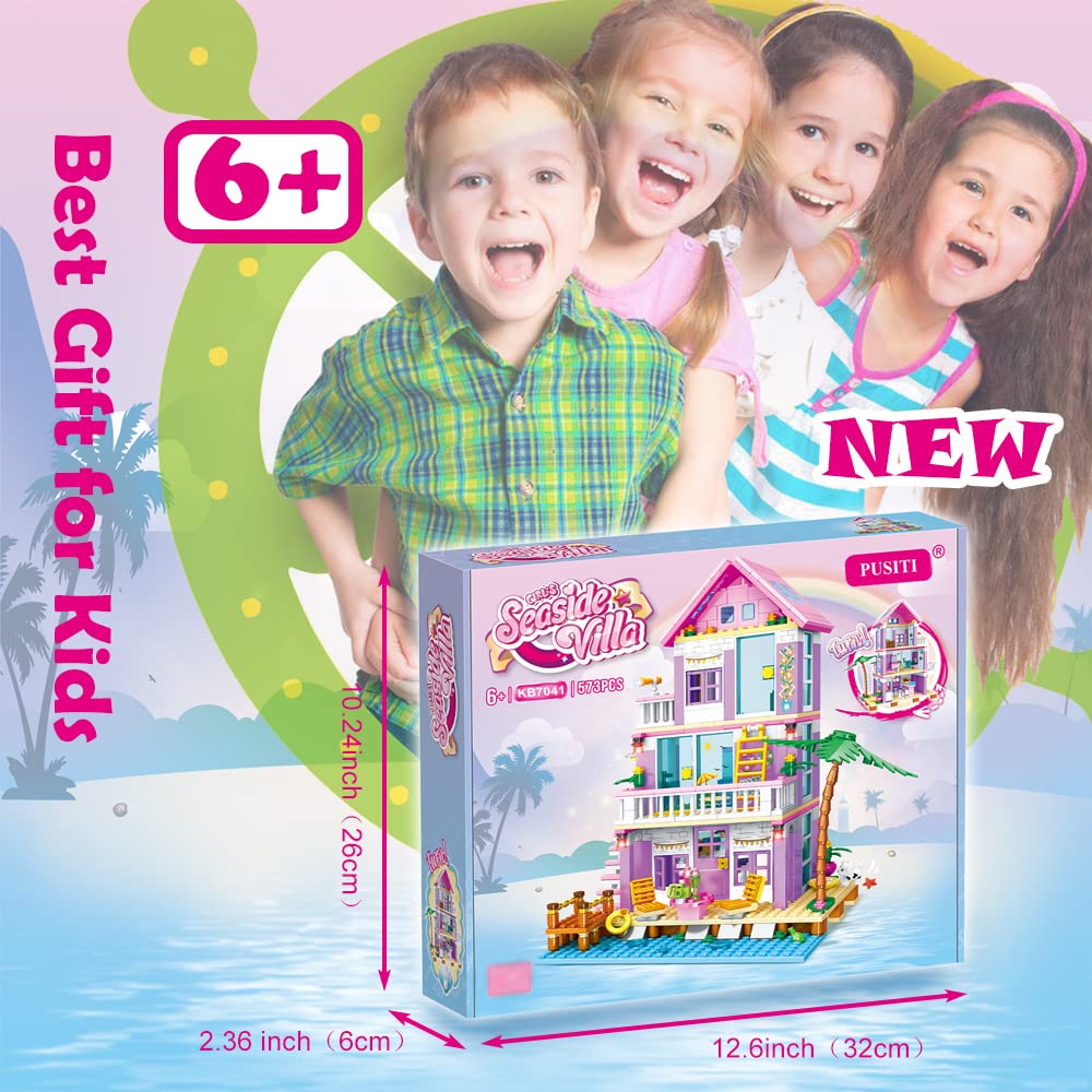 PUSITI Seaside Villa Building Set 573 Pieces Toys for Girls Building Blocks House Toys Beach Villa Construction Toys Holiday Cottage Bricks Toys for Girls Age 6+