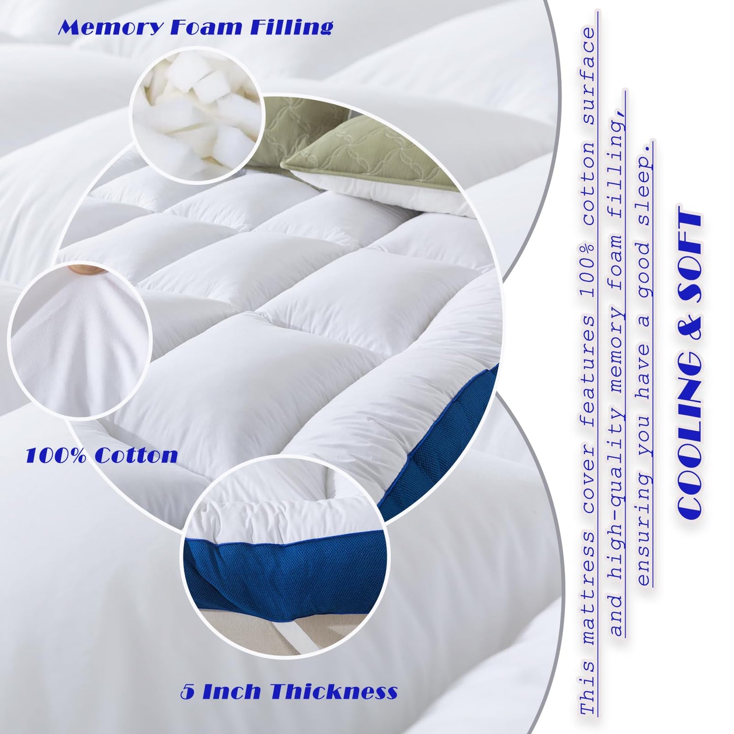 WhatsBedding 5 Inch Queen Mattress Topper for Back Pain Relief, Filled with Breathable & Soft Memory Foam Pillow Top,4 Elastic Straps