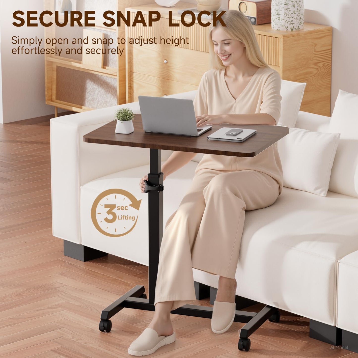 GTPLAYER Small Standing Desk, 24 Inches Foldable Mobile Rolling Laptop PC Table with Lockable Casters, Adjustable Height Overbed Bedside Table Computer Workstation for Home Office, Dark Brown-Foldable
