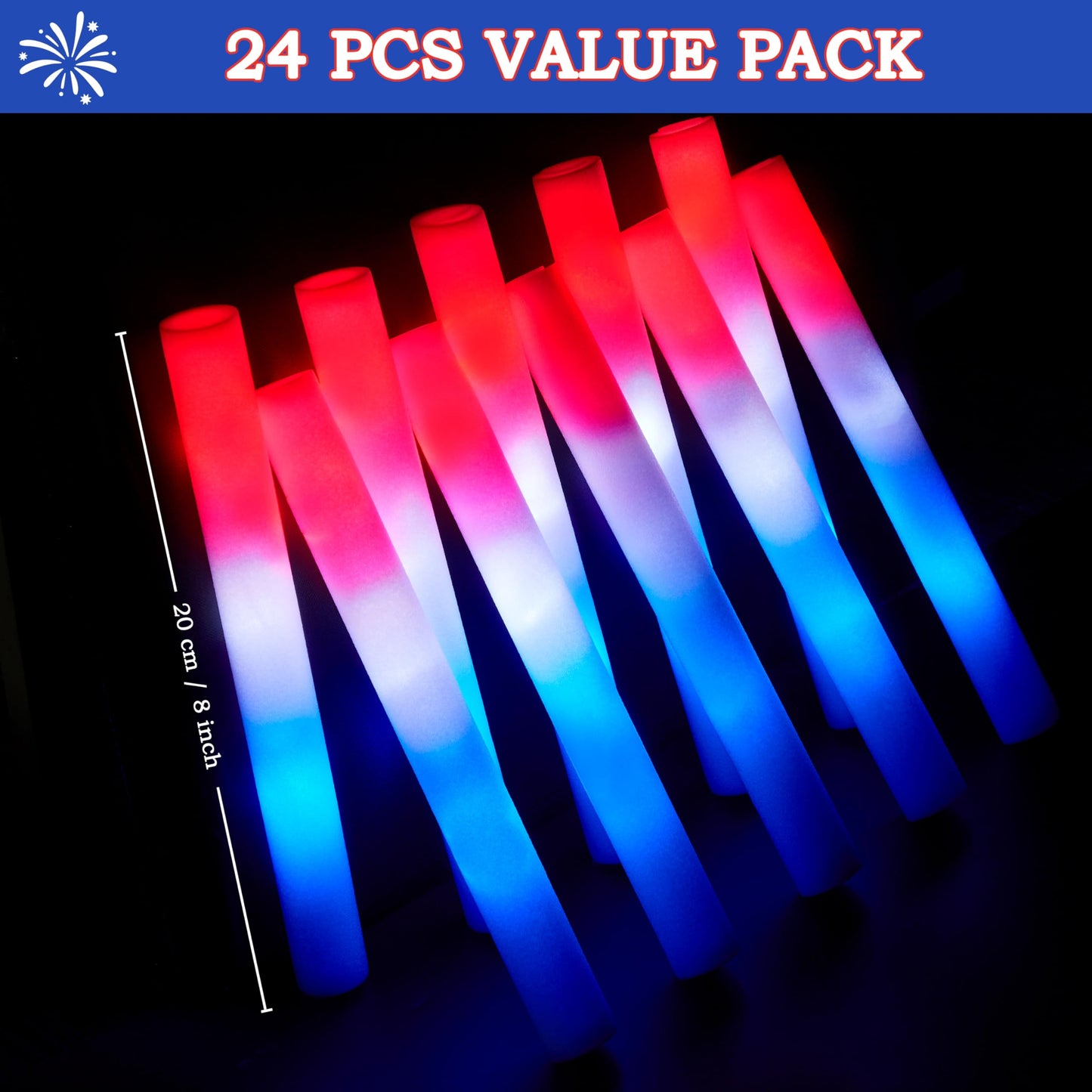 JOYIN 24Pcs July 4th Foam Glow Sticks, Red White Blue Patriotic LED Sticks with 3 Modes Flashing for Kid Adult, Glow in The Dark Party Favor Supplies for Independence Day Parade, Concert, Carnival