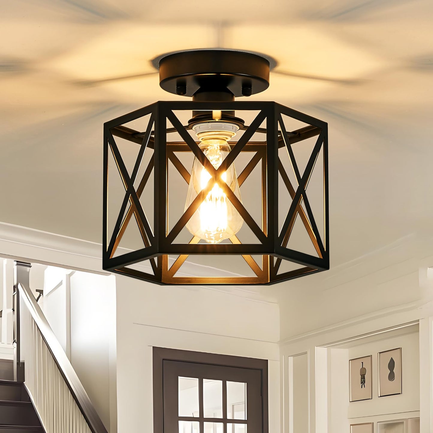 KUZIEG Modern Farmhouse Semi Flush Mount Ceiling Light,Industrial Black Ceiling Lighting Fixture,Hexagonal Close to Ceiling Lights for Kitchen, Hallway, Entryway, Bedroom,Foyer,Laundry Room,9.5 Inch