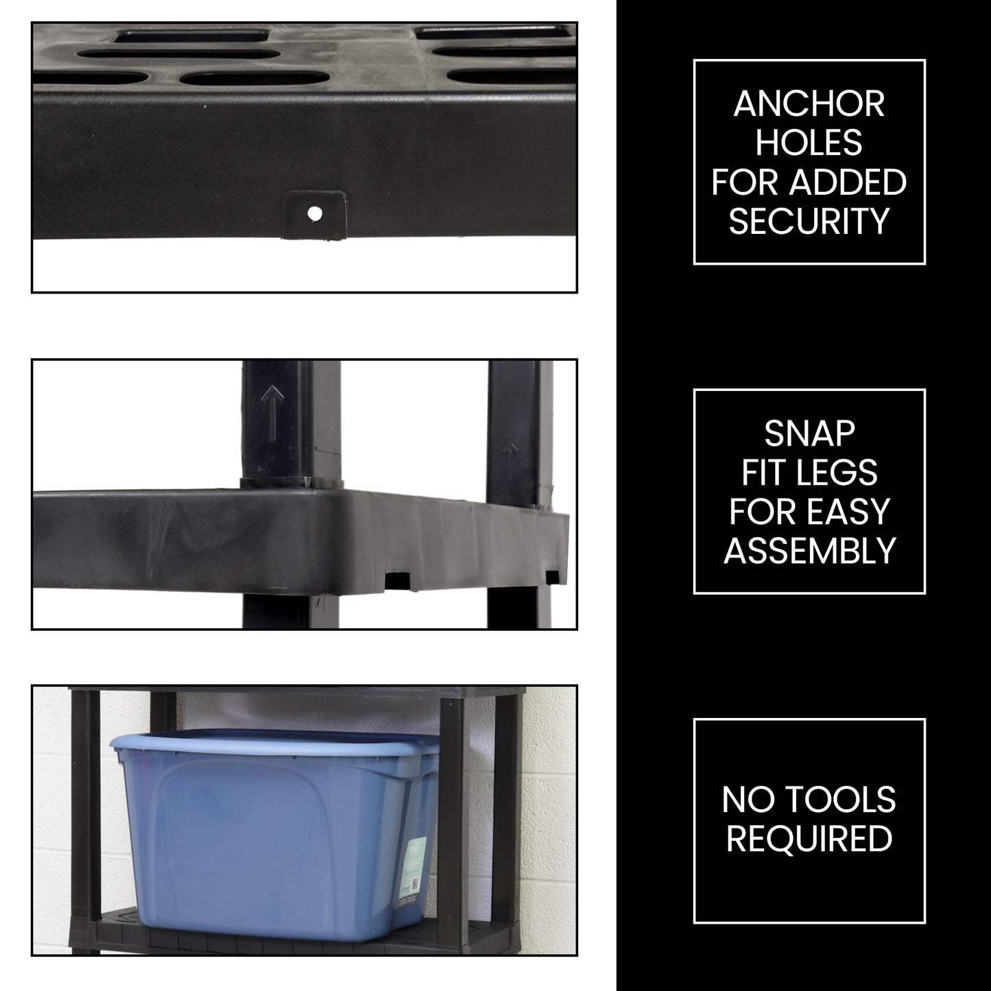 Oskar Heavy Duty Plastic Storage Shelves- for Garage, Kitchen, Bathroom Basement Kids Room, Stackable 3-Tier Black Organizer Rack for Books Shoes, Toys, Pantry, Cleaning and Closet Organization