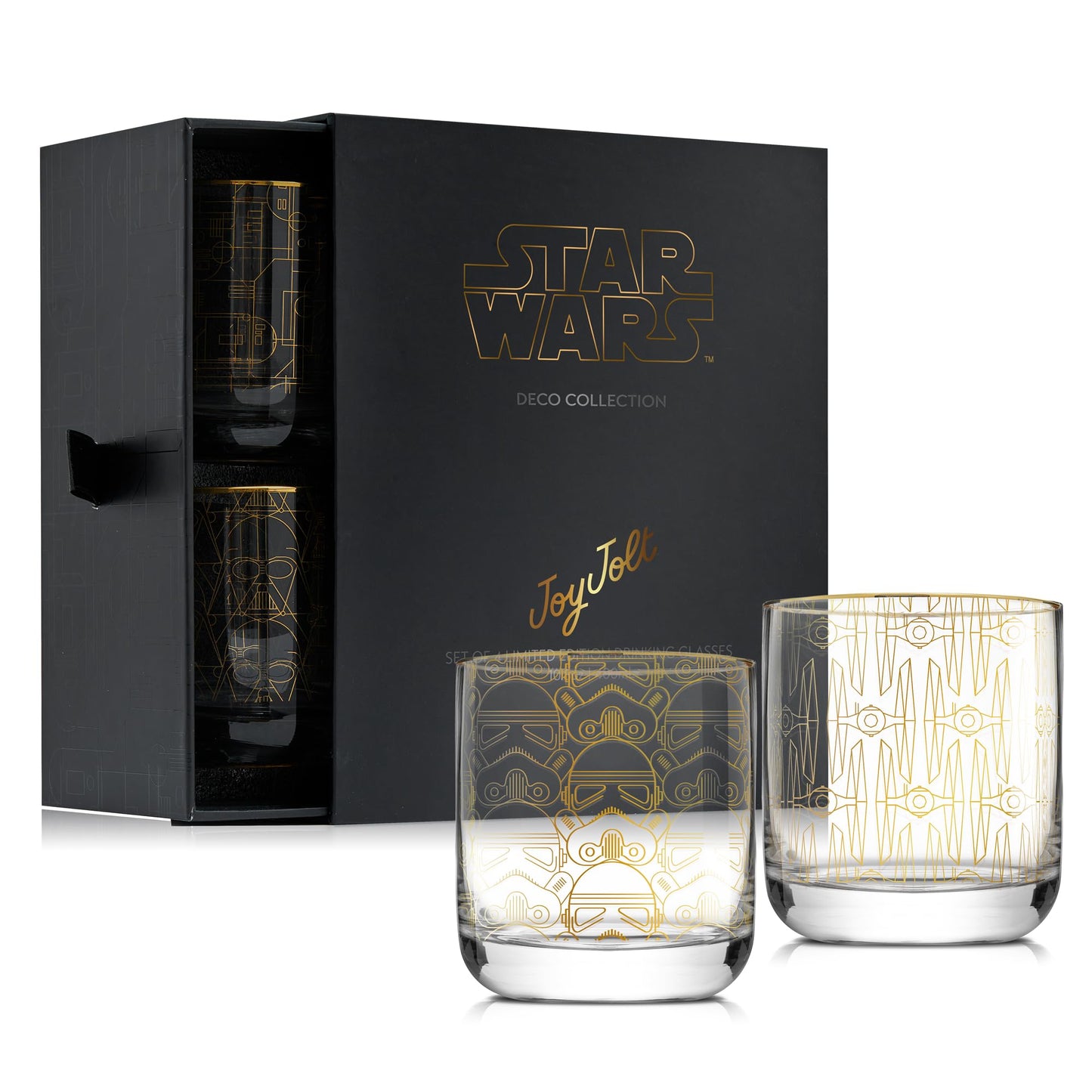 JoyJolt Star Wars Glassware. 'Deco' Lowball Glasses Set of 4, 10oz Star Wars Glasses. Short Tumbler with Darth Vader in Retro Crystal Glass Cup. Double Old Fashioned Rocks or Water Glass