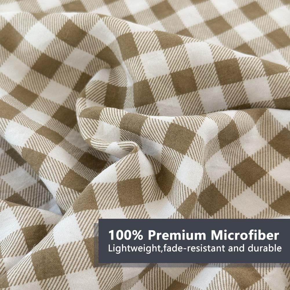 NSNLGSGC Tan Ruffle Gingham Comforter Set Queen, Pre-Washed Ruffled Taupe Plaid Checked Comforter Bedding, 3 Pieces Vintage Farmhouse Grid Bedding Set(Tan Gingham, Queen)