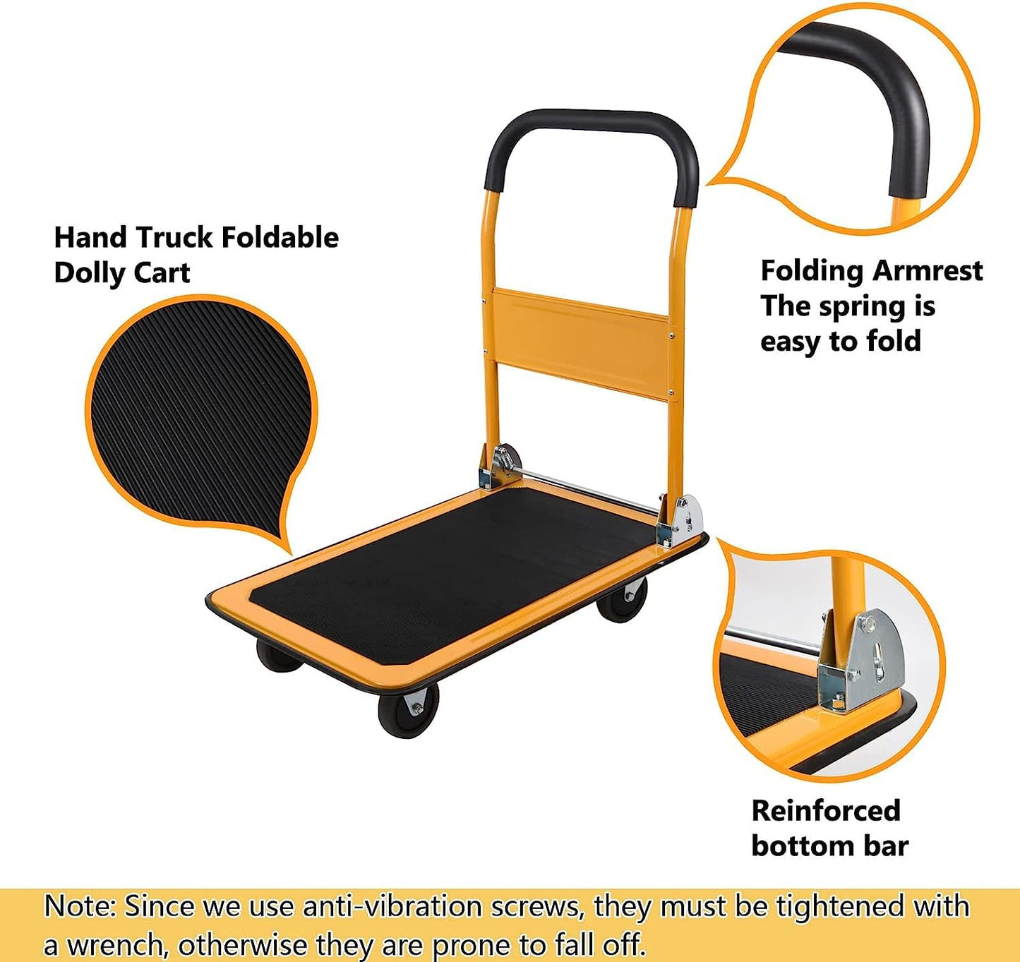 LEADALLWAY Foldable Push Cart Platform Cart 330lbs Capacity 4 Wheels 28.7x18.5x32.3inches Yellow Small Flatbed Cart