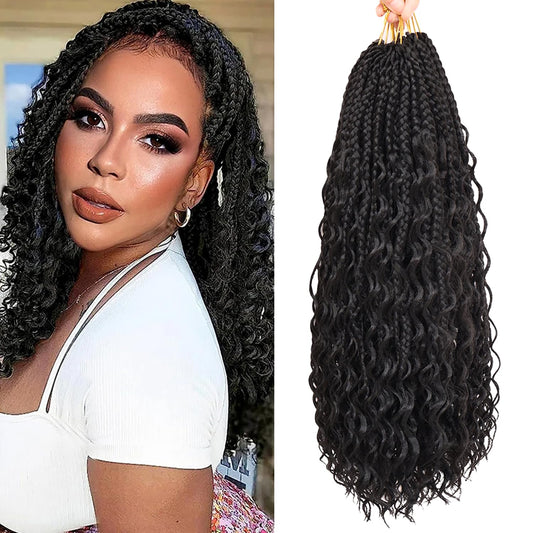 14 Inch Boho Box Braids Crochet Hair Bohomian Crochet Box Braids Curly Ends 7 Packs Pre Looped Goddess Box Braids Crochet Hair for Women, 1B